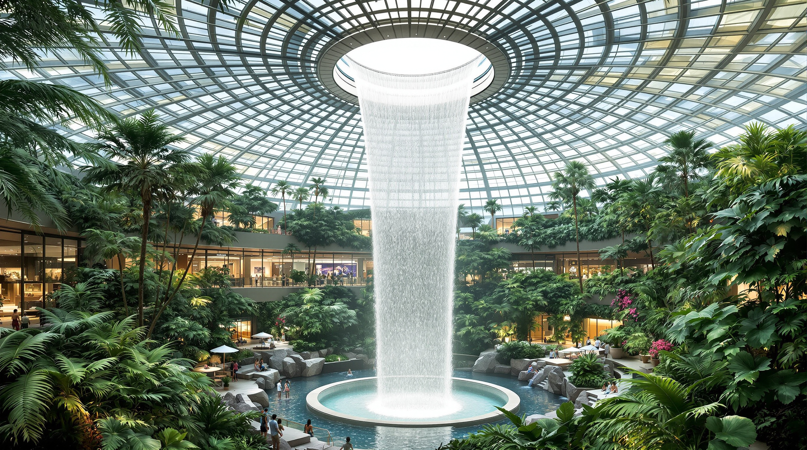 The Rain Vortex waterfall seen from the forest floor of Jewel Changi Airport, a thick silver column of water plunging from a circular oculus in the glass roof into a round basin, surrounded by lush terraced planting, glass-walled shopfronts glowing behind the greenery