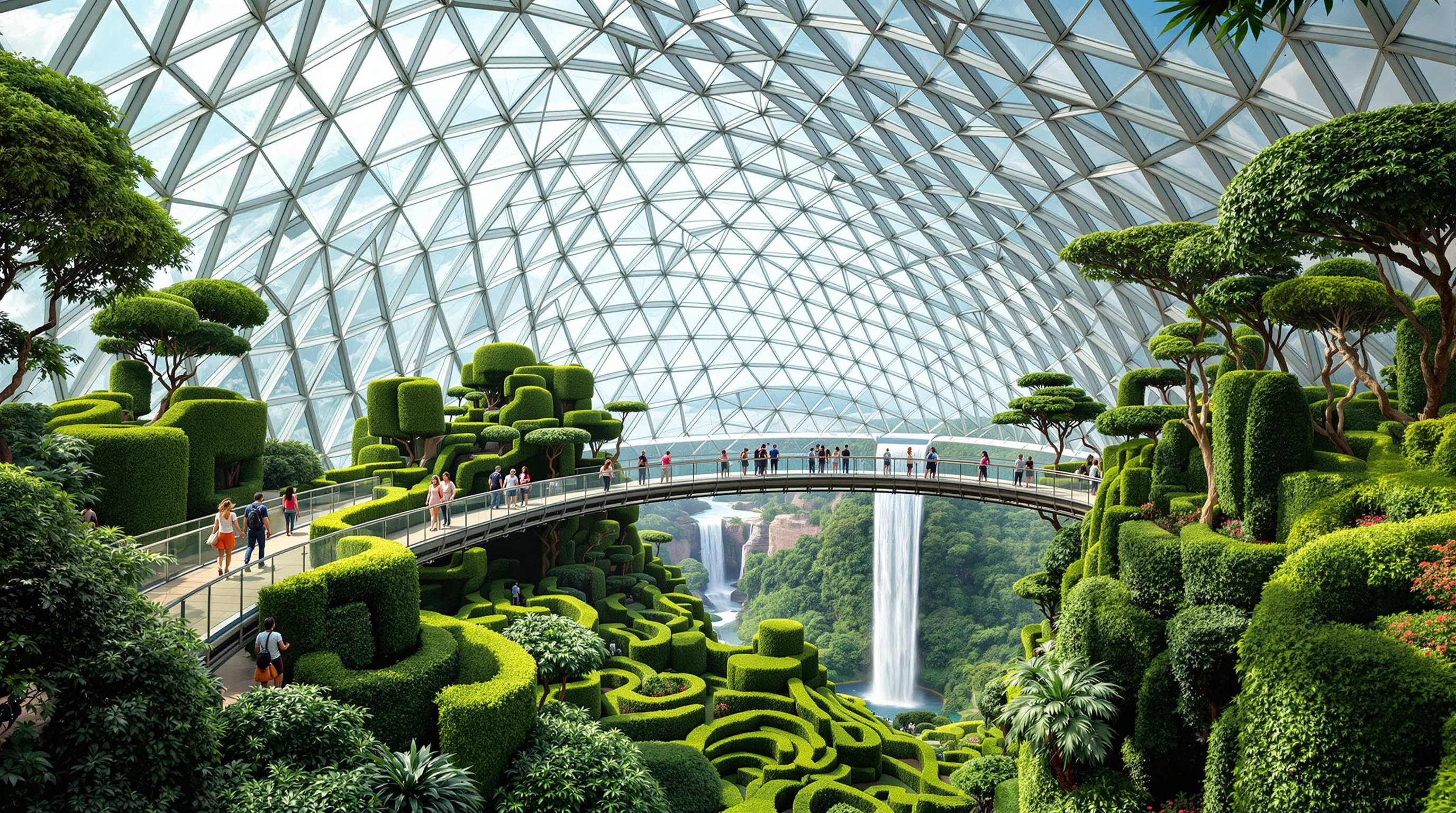Visitors on the Canopy Park level at the top of Jewel Changi Airport, walking a glass-bottomed suspension bridge and hedge maze among sculpted topiary, the great diagrid glass dome curving overhead and the forest falling away below toward the distant waterfall