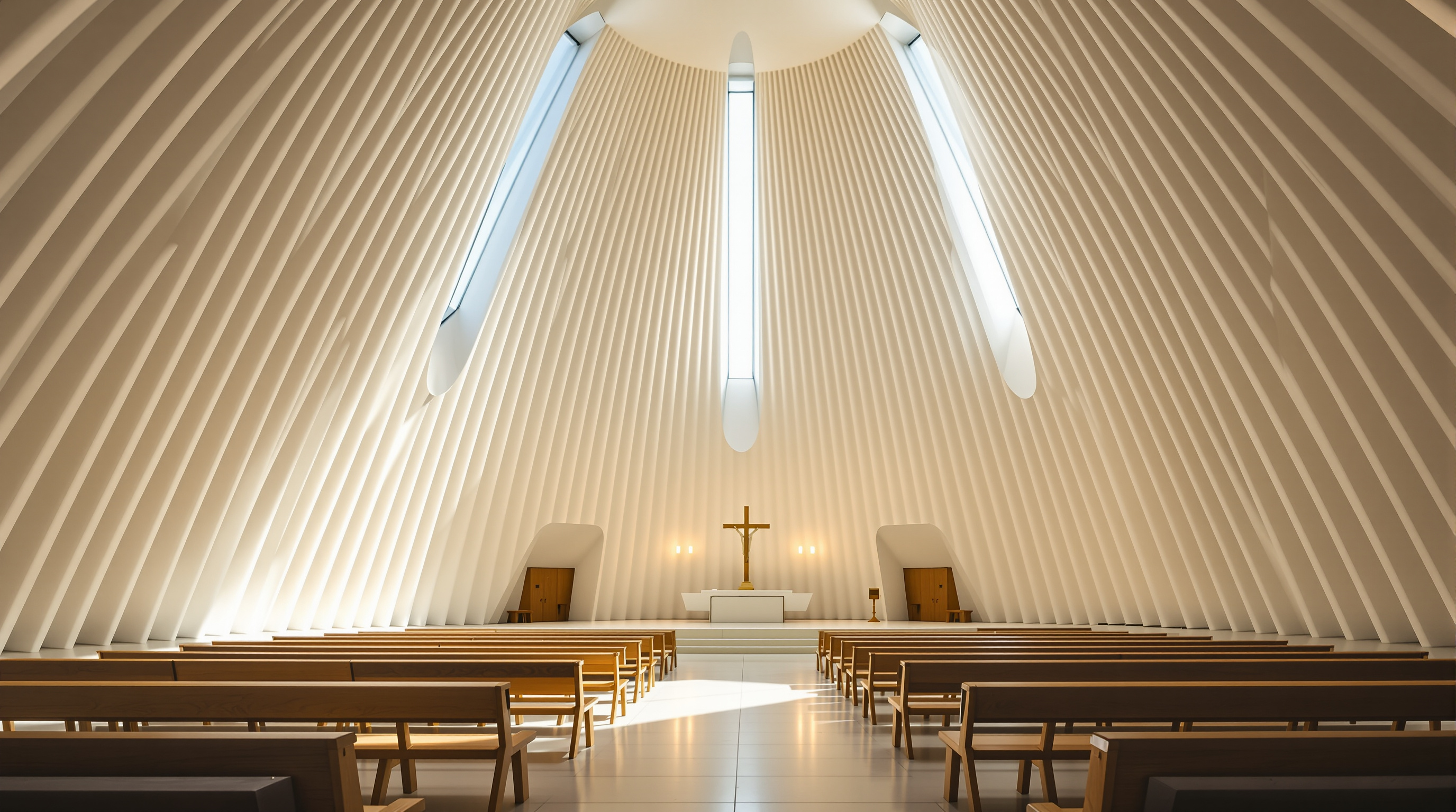Interior of the Jubilee Church looking toward the altar — light pouring down the smooth inner faces of the three curving white shells through the glazed skylight slots between them, illuminating pale travertine floors and simple wooden pews