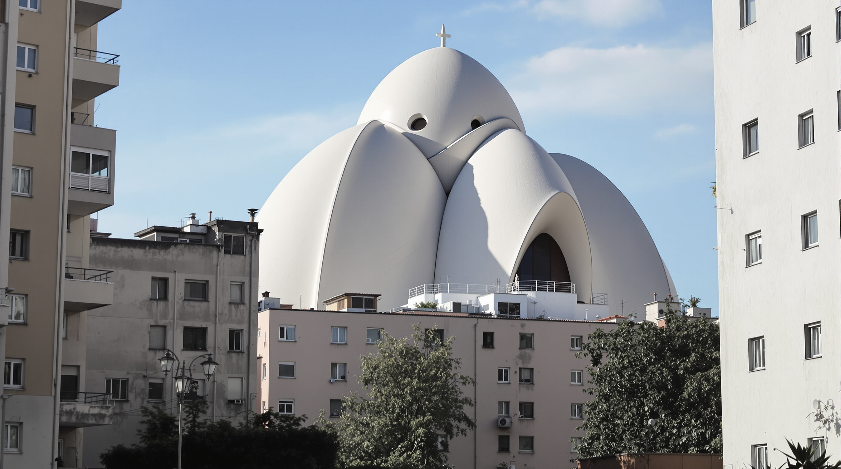 Exterior view of the Jubilee Church's three white shells seen from the residential side, framed by the plain 1970s apartment blocks of Tor Tre Teste, showing the sculptural church rising as a civic landmark within an ordinary Roman housing estate