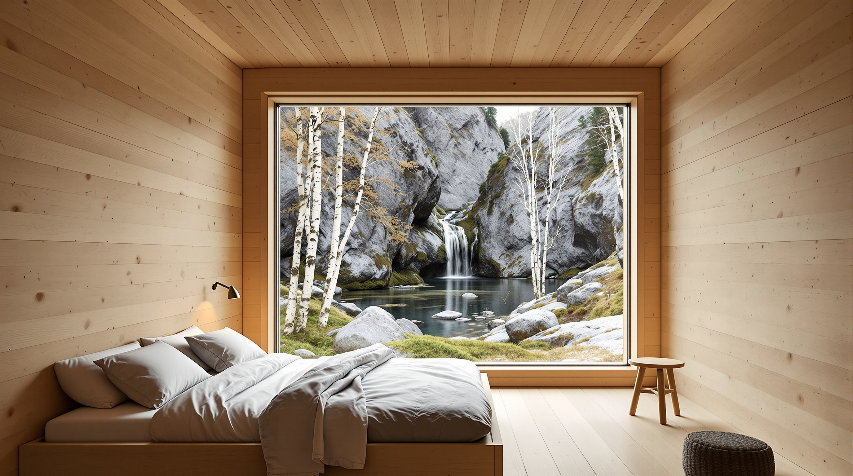Interior of a Juvet cabin: a raw pale spruce room with a bed facing a single floor-to-ceiling glass wall that frames the birch forest and mossy boulders of the gorge, no curtains, warm timber glowing against the grey-green Norwegian landscape outside