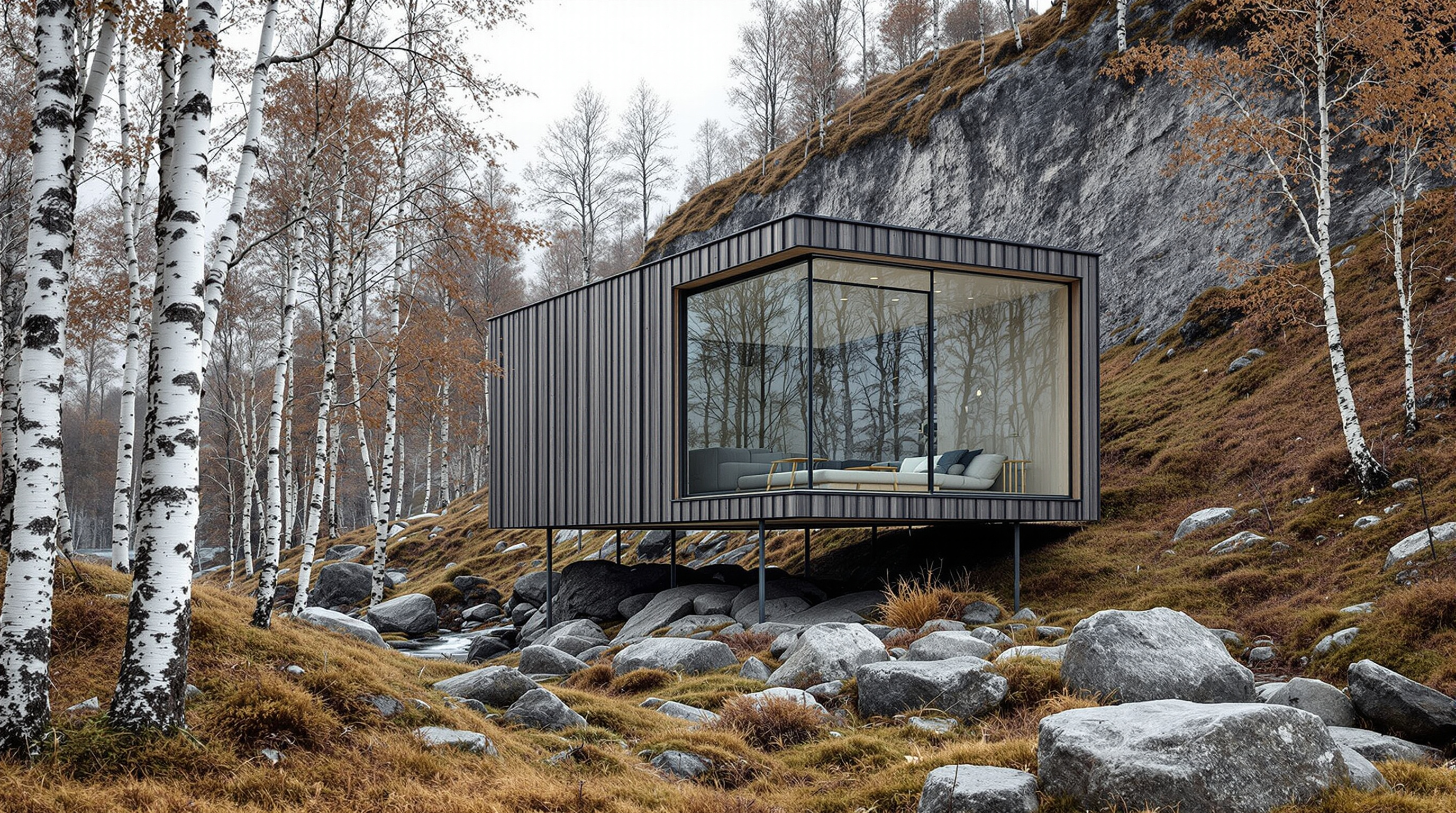 A single grey-weathered Juvet cabin seen from outside among birch trees and boulders, its dark timber volume raised on thin steel rods above the mossy gorge slope, one large plate-glass wall reflecting the river and cliff, the structure almost dissolving into the wild Norwegian terrain