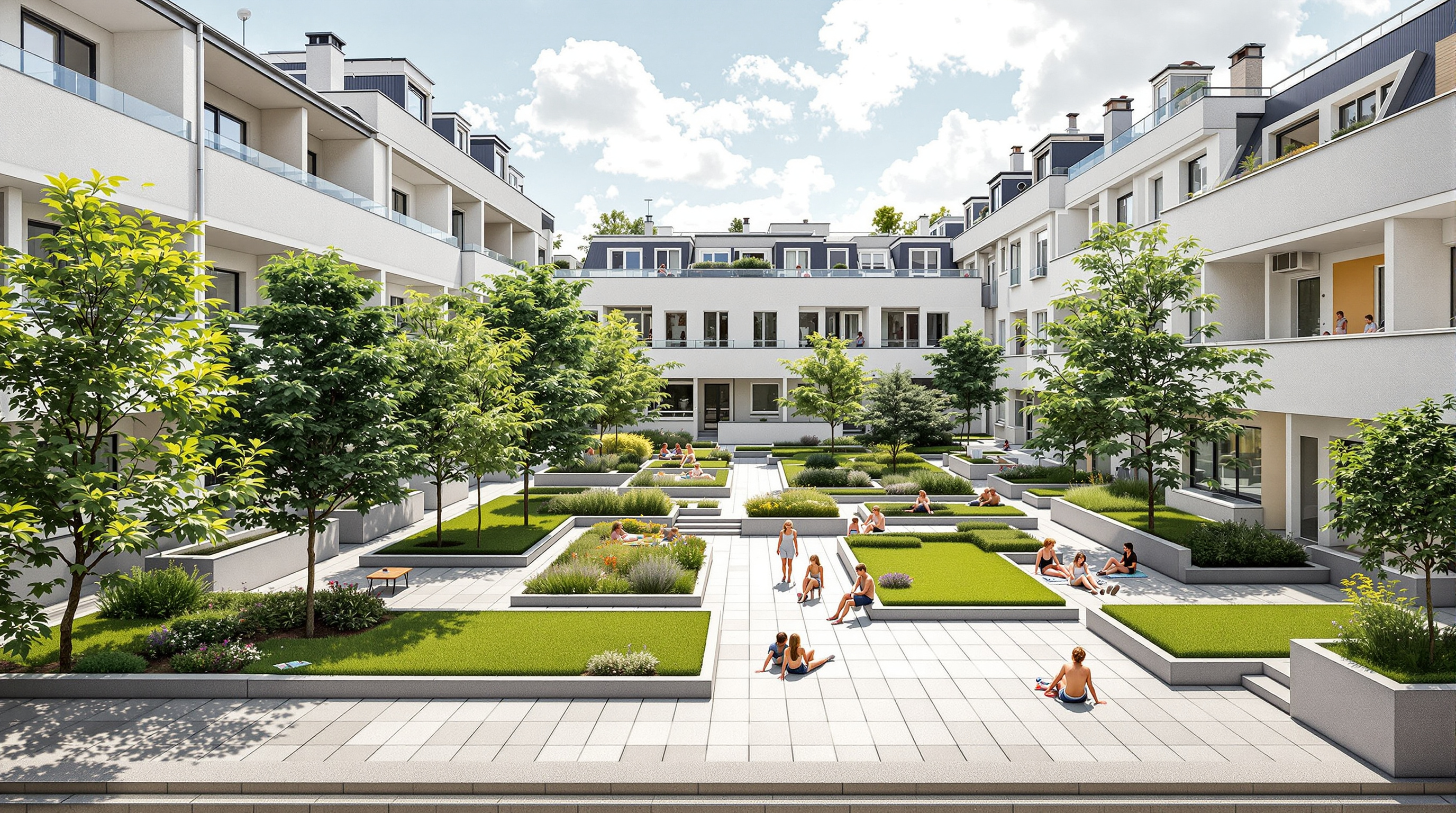 The raised public garden courtyard on the roof of the Kalkbreite tram depot in Zurich, three storeys above the street, planted with trees and grass, ringed by the cooperative's apartment facades with balconies and stepped terraces, residents and children relaxing on a summer afternoon