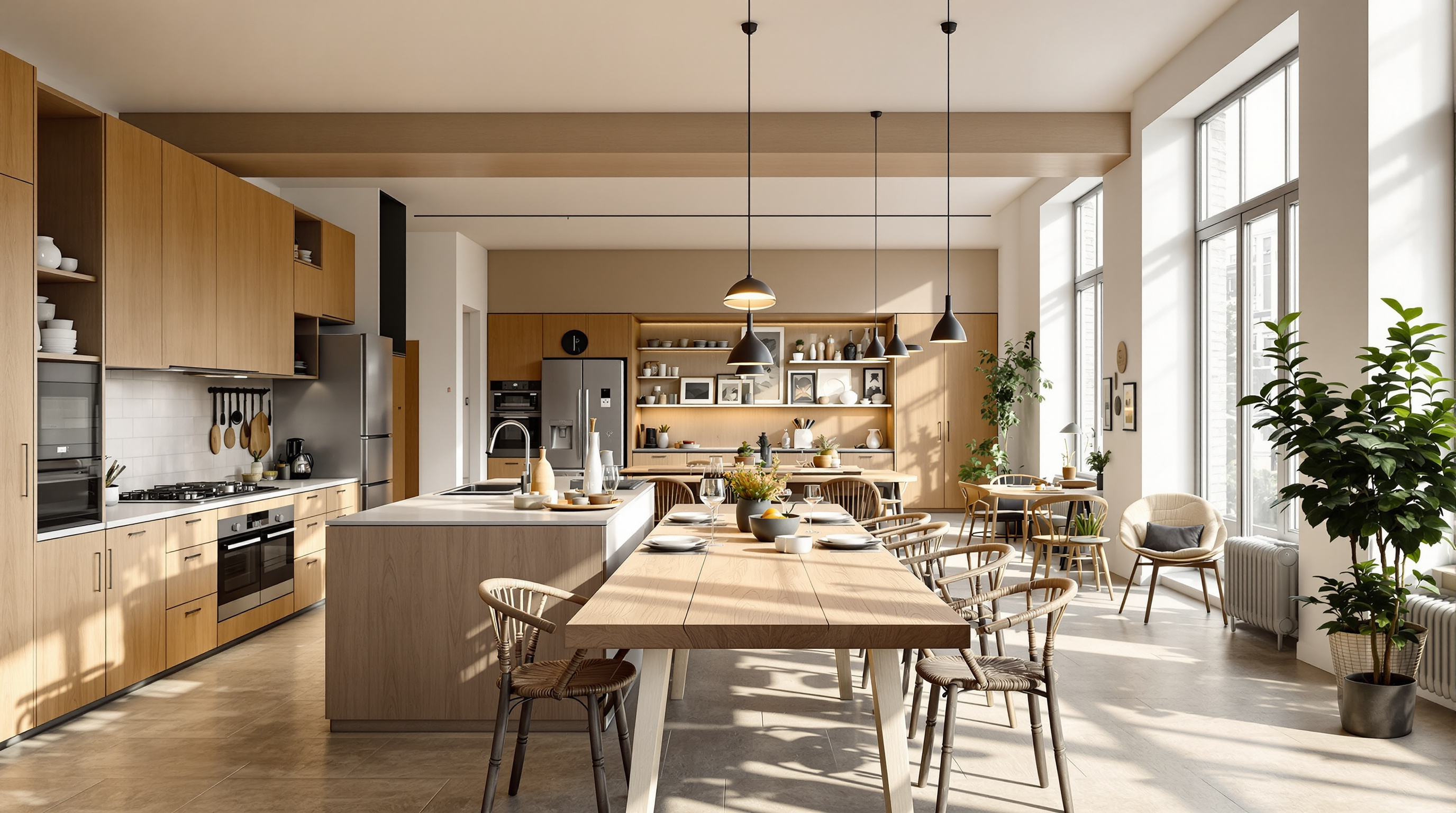 Interior of a Kalkbreite cluster apartment in Zurich: a large shared communal kitchen and dining space with a long timber table, tall windows, residents cooking and eating together, with doors leading off to private studio rooms