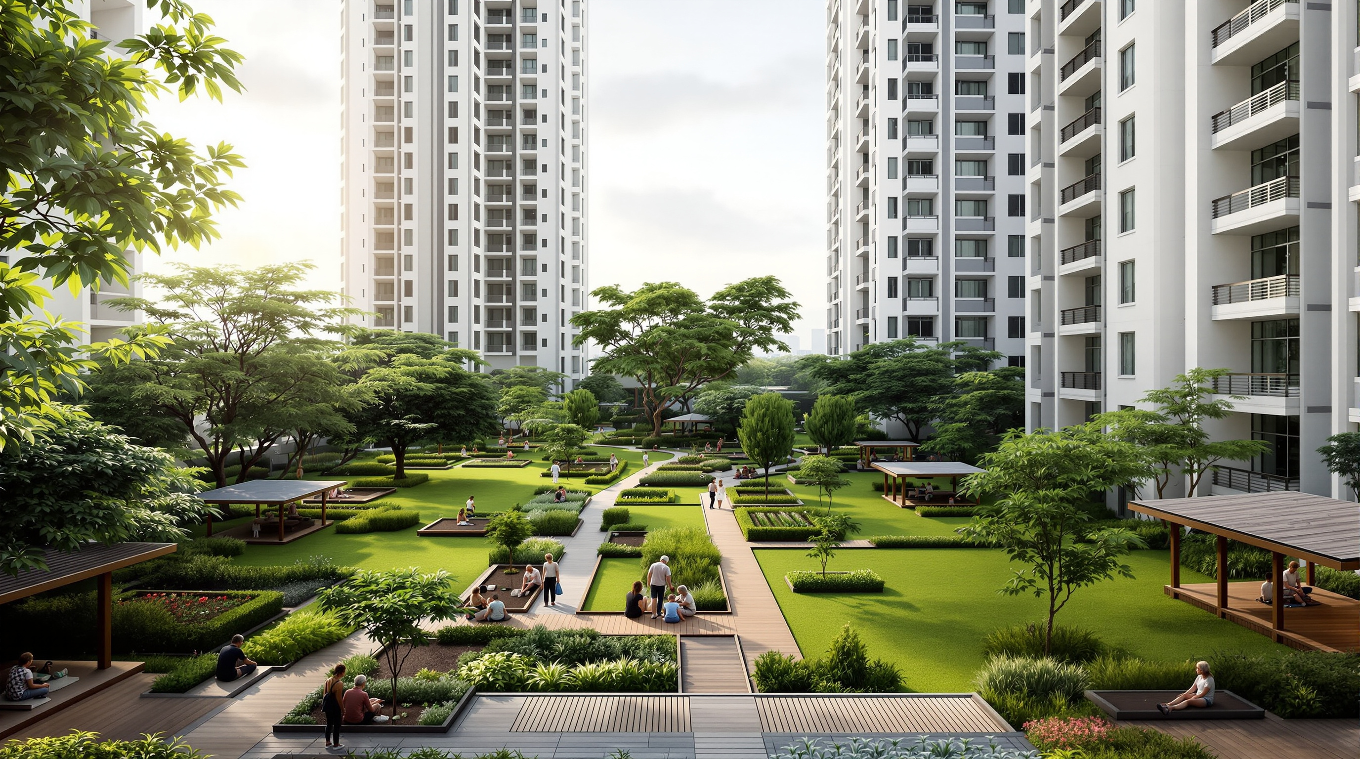 The lush rooftop Community Park of Kampung Admiralty: two eleven-storey residential blocks framing a landscaped village green with lawns, mature trees, timber walkways, allotment gardening plots tended by elderly residents, and open pavilions, all bathed in soft tropical afternoon light
