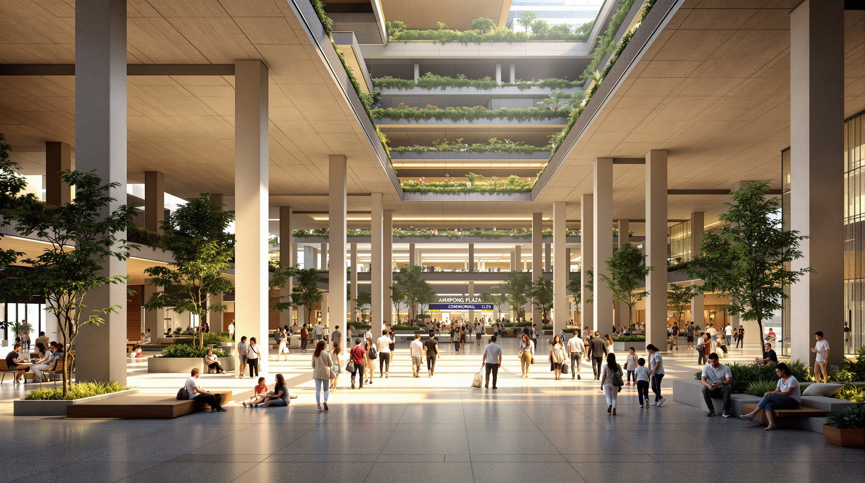The sheltered ground-level Community Plaza of Kampung Admiralty seen from the adjacent train station: a vast covered public space with people of all ages gathering, seating and greenery around the edges, columns rising to the layered building above, and daylight filtering down through planted openings