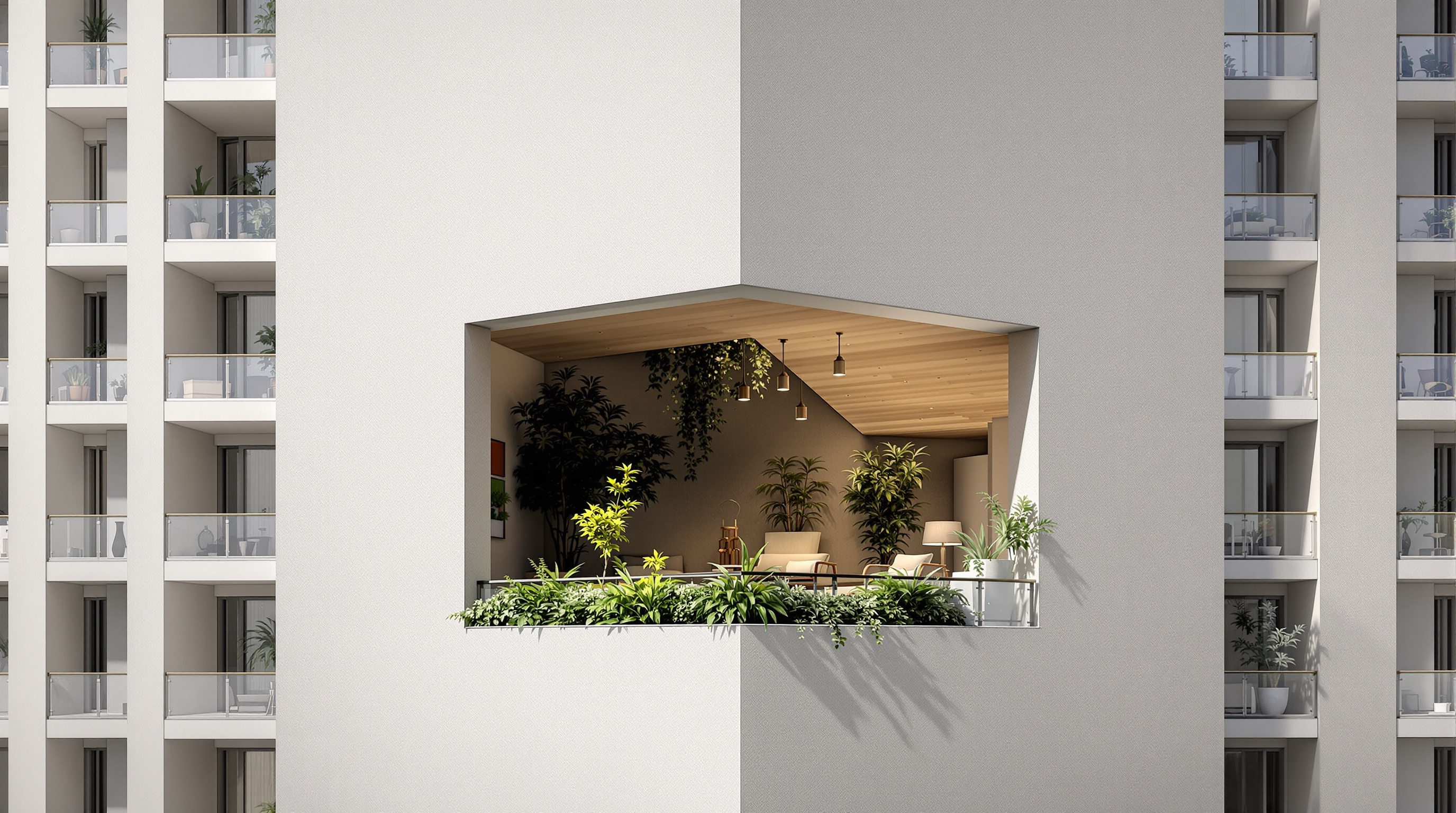 Looking up at a corner of Kanchanjunga Apartments, a deep two-storey terrace garden cut into the smooth concrete facade, its inner walls washed with colour and shadow, potted greenery at the balustrade, the blank tower skin wrapping around it