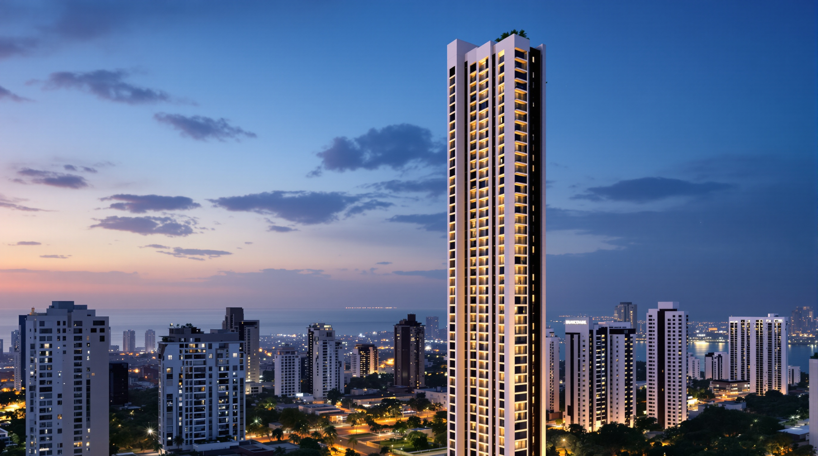 The Mumbai skyline at dusk with the slender pale tower of Kanchanjunga Apartments standing among later high-rises on Cumballa Hill, its corner terrace voids reading as dark rhythmic notches against the lit facade, the Arabian Sea glowing behind