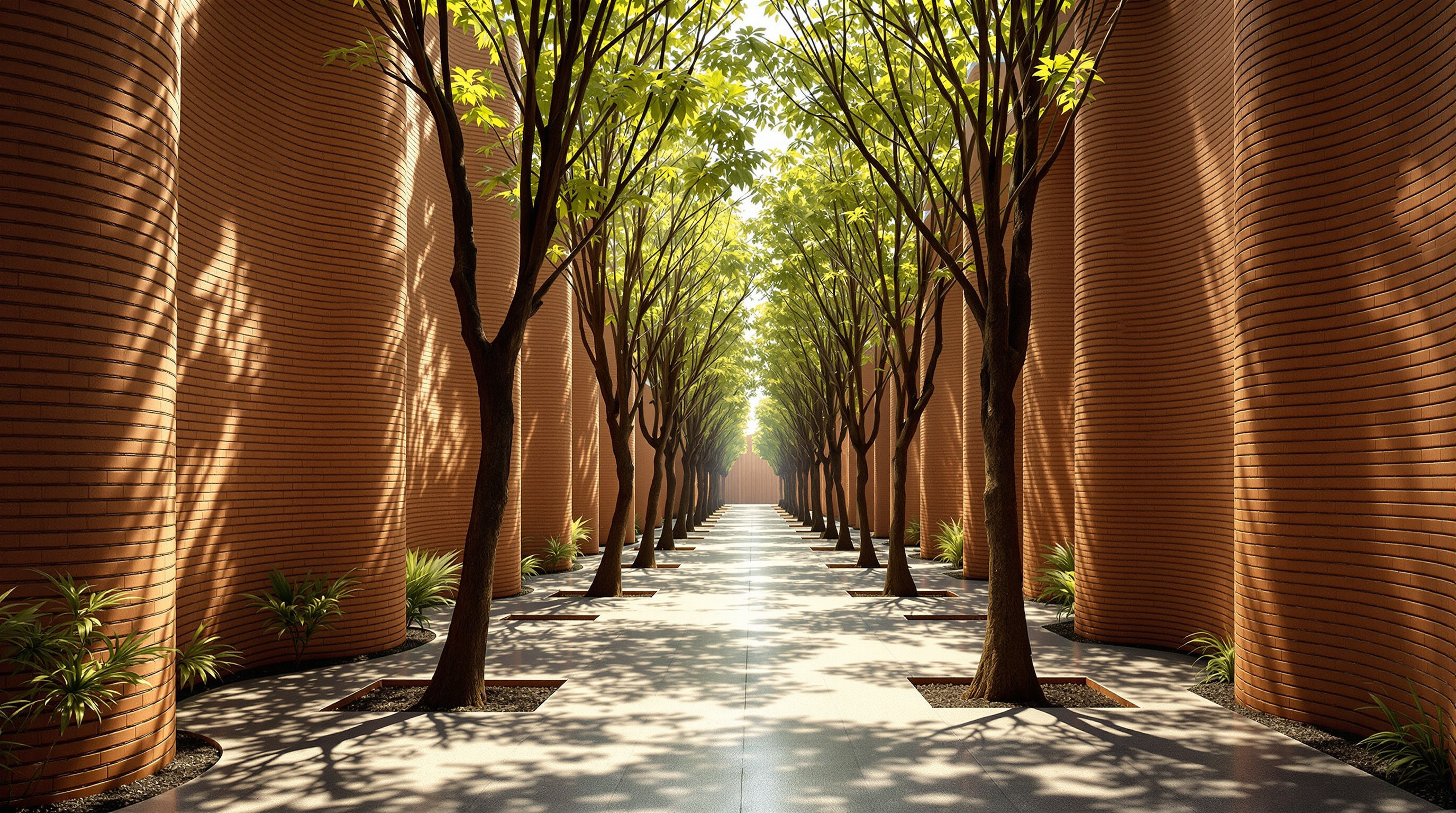 The shaded central pathway of the Kantana Institute — the 'inserted forest' — a greystone walkway punctuated by slender trees running between towering handmade brick walls, sunlight filtering through the canopy and casting long shadows across the ground