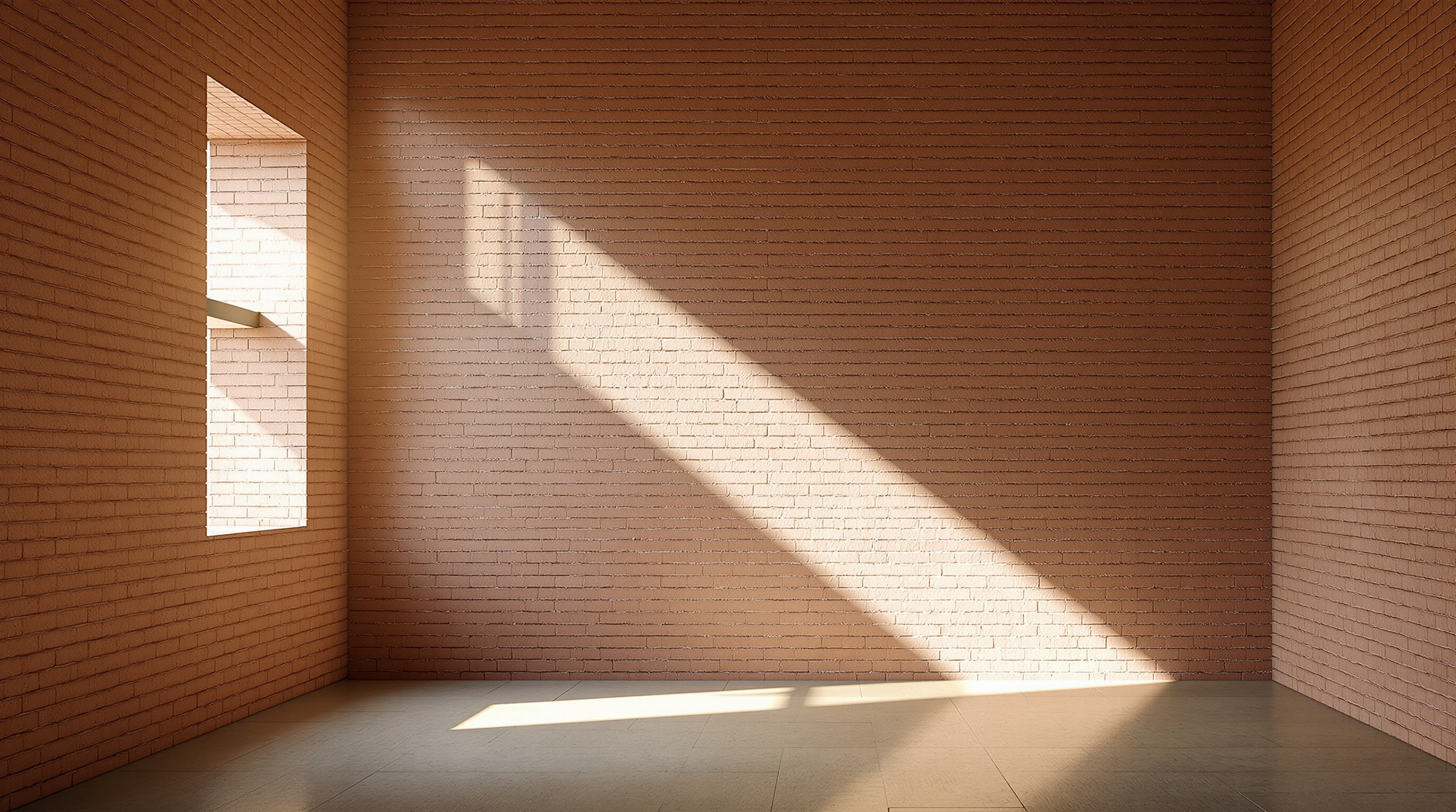 A warm interior room within the Kantana Institute, daylight entering through openings in the thick handmade brick wall and washing down the rough terracotta surface, the deep reveals of the double-skin wall visible, a quiet space for study framed by masonry