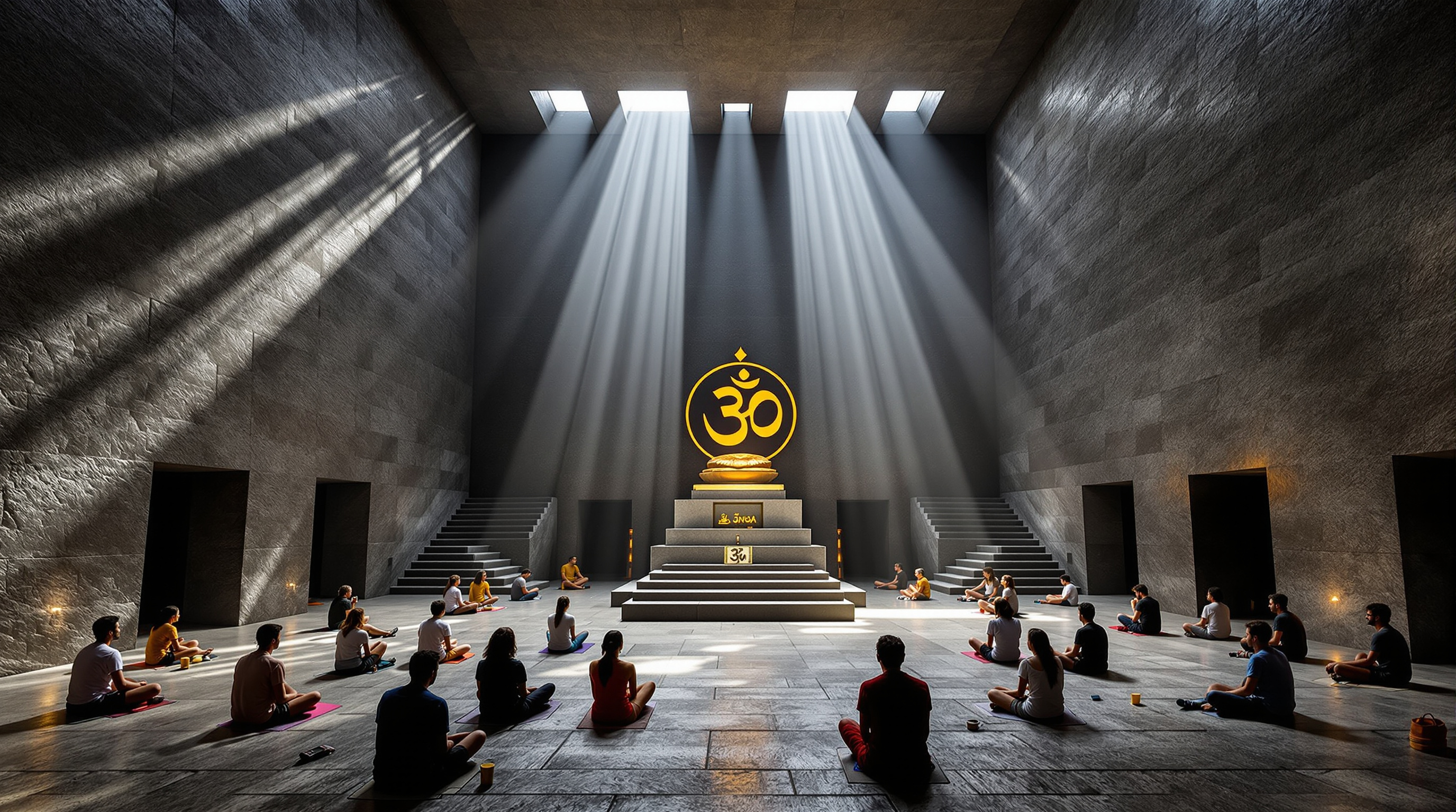 Interior of the Dhyana Mandapam meditation hall inside the Vivekananda Rock Memorial, a dim square granite chamber with a stone floor and the sacred Omkara symbol on a plinth, shafts of daylight falling from high openings onto meditating visitors seated on the floor