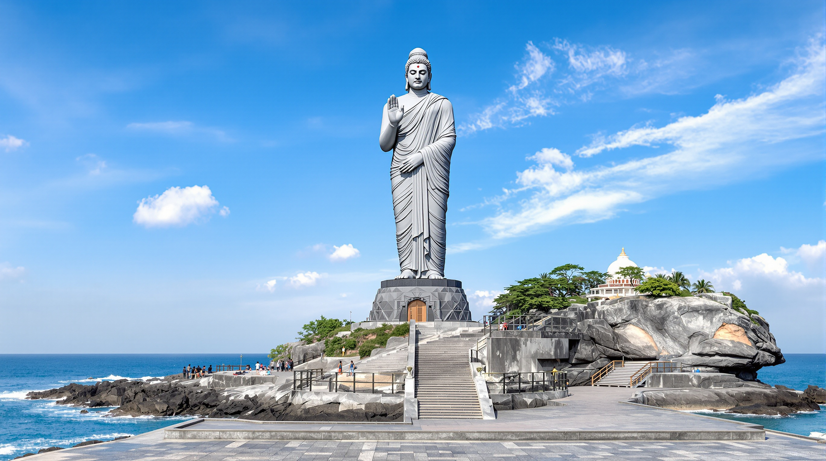The 133-foot grey stone Thiruvalluvar Statue on its adjacent island rock at Kanyakumari, the robed Tamil poet-saint carved in Dravidian idiom rising from a stepped pedestal against the open sea, with the Vivekananda Rock Memorial visible on the neighbouring rock behind