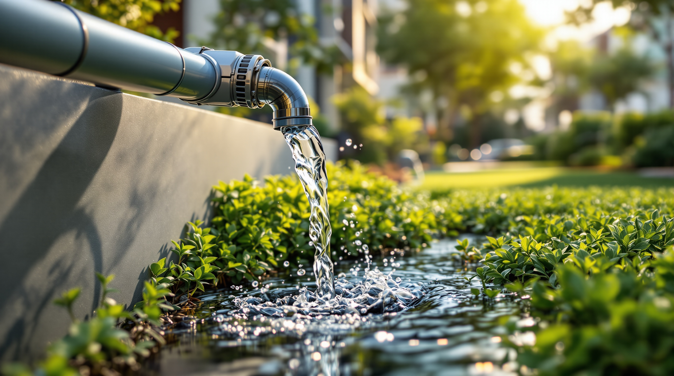 Treated water from an apartment STP feeding a drip-irrigated garden through a separate reuse pipeline in a Bengaluru residential complex