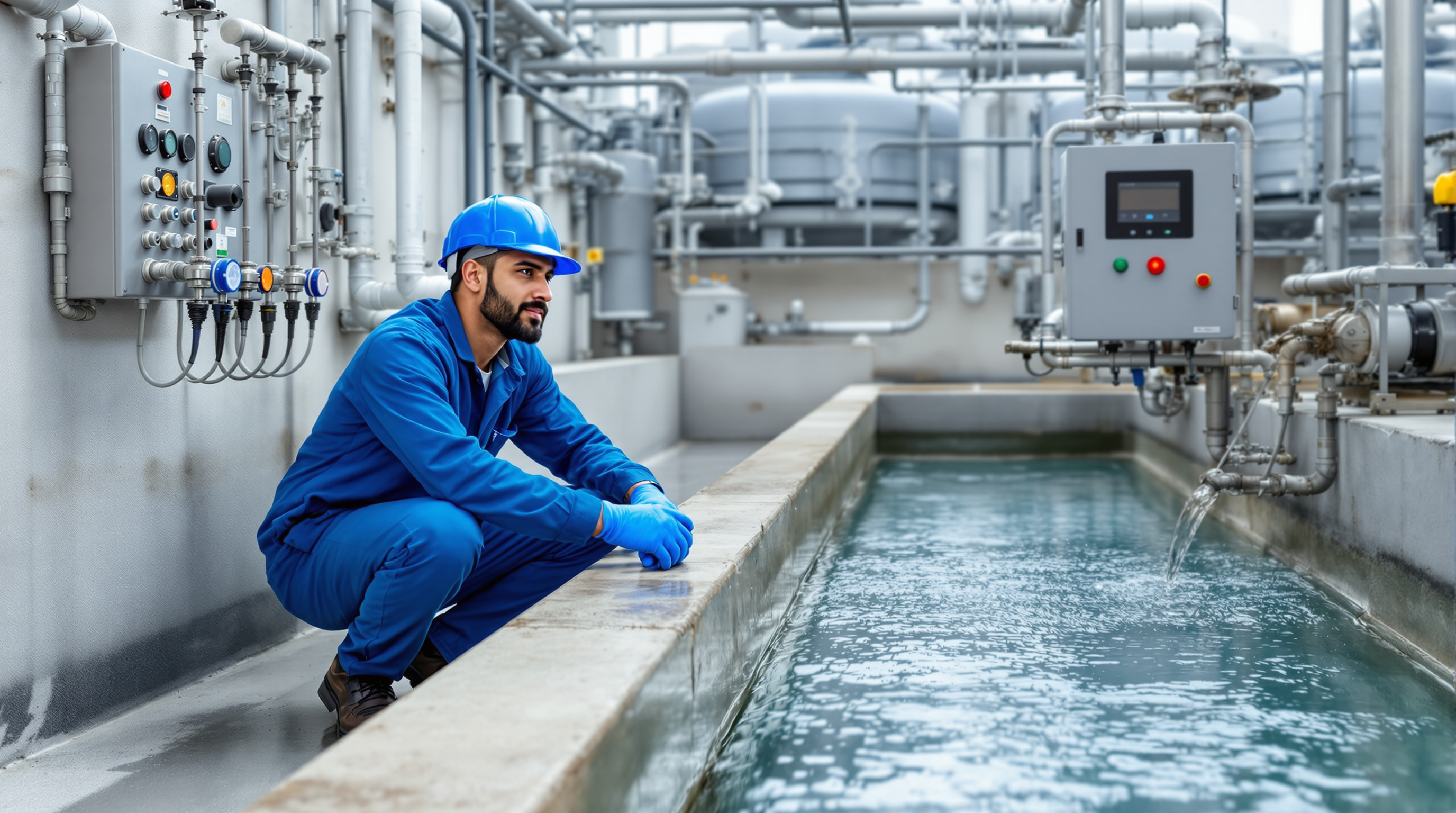 Indian STP technician inspecting online effluent monitoring sensors at the outlet channel of an apartment sewage treatment plant