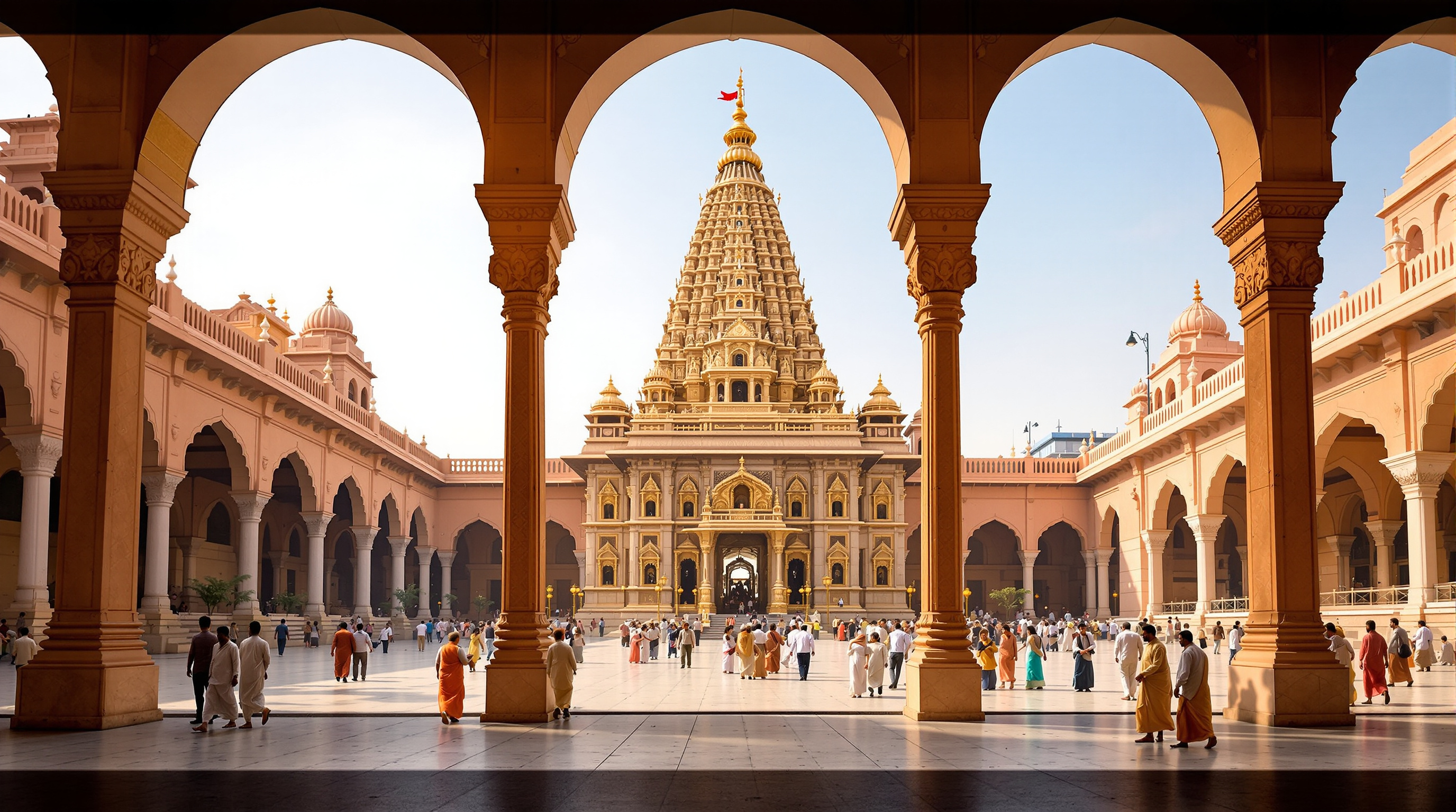 The wide Chunar-sandstone temple courtyard of the Kashi Vishwanath Dham, warm ochre colonnades and arched torans framing the golden shikhara of the temple, pilgrims and priests crossing the open paved Chowk in daylight