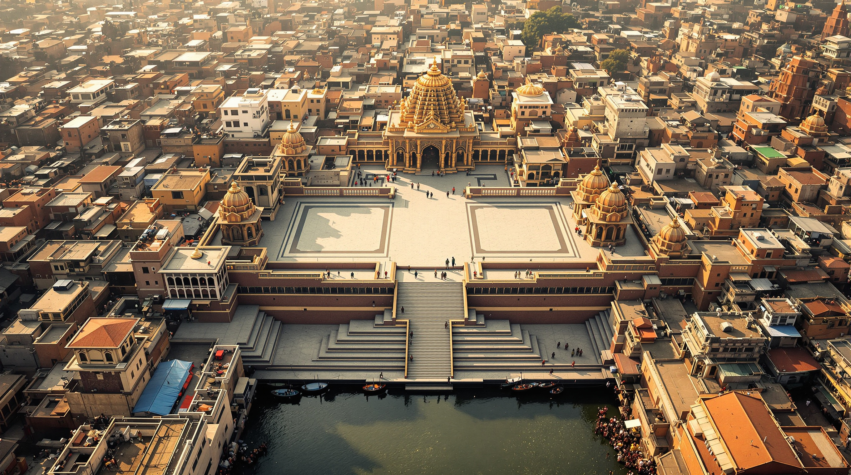 Aerial view of the Kashi Vishwanath Corridor showing the broad cleared stone precinct cutting through the dense brown rooftops of old Varanasi, the axis running from the temple complex down to the wide steps of Lalita Ghat and the grey-green Ganga beyond