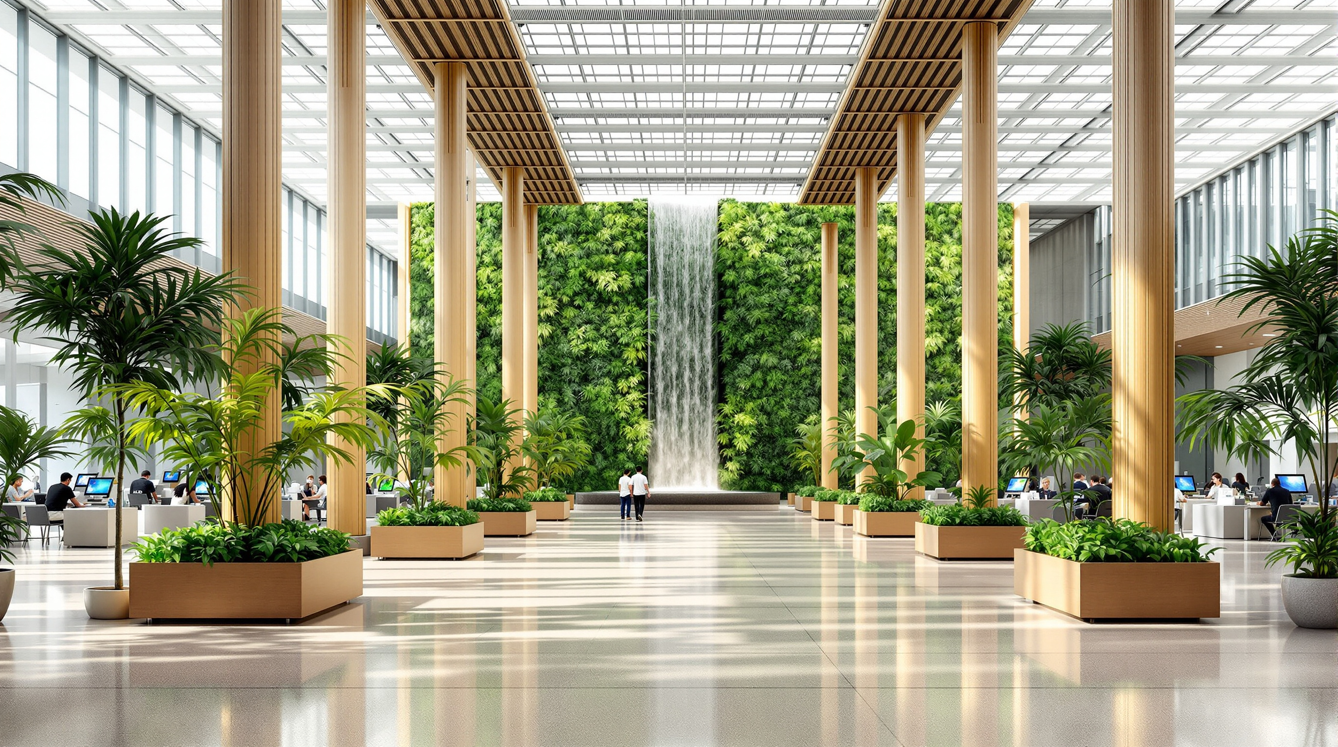 A wide view of Terminal 2's departures hall: rows of check-in desks set among raised planting beds and slender columns wrapped in bamboo, a cascading indoor waterfall and green wall in the background, daylight filtering down through the orthogonal bamboo ceiling grid onto natural terrazzo floors