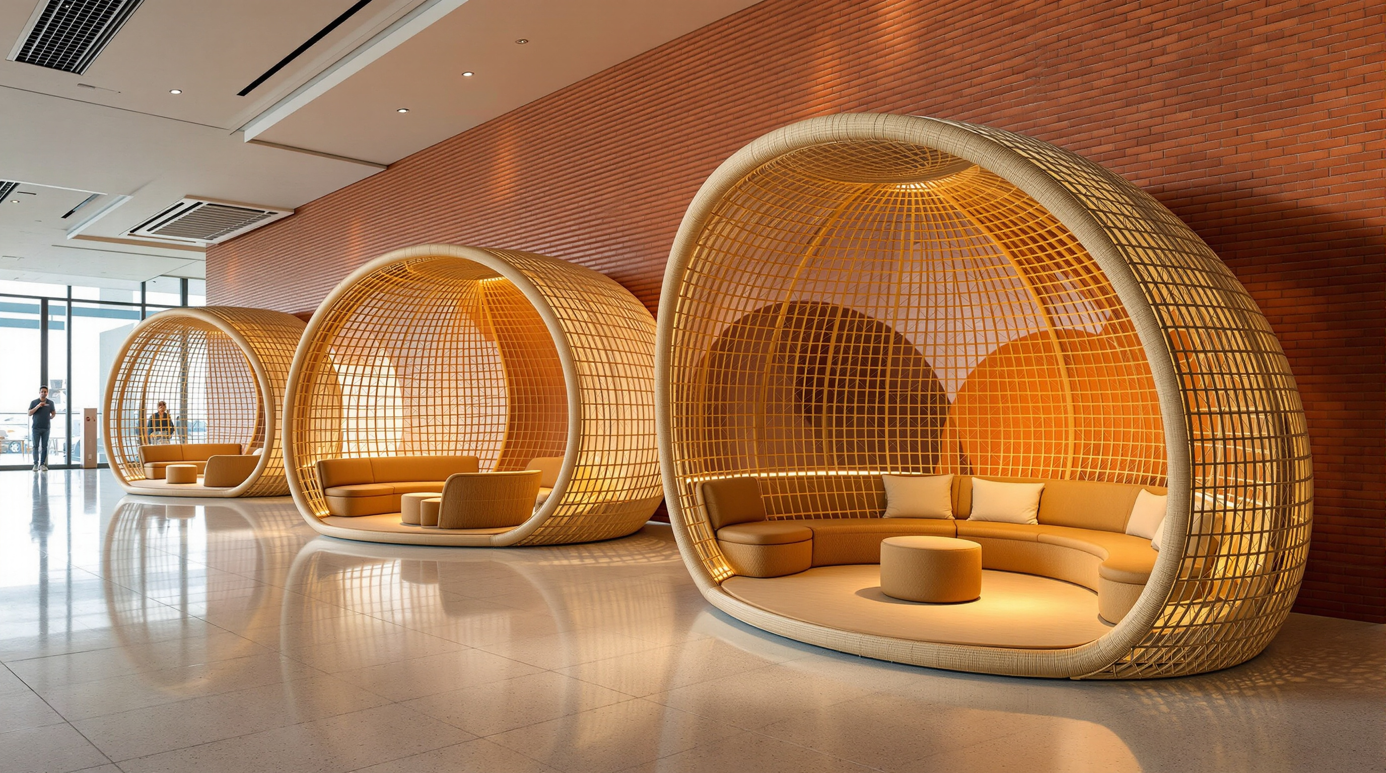 Enter Projects Asia's woven rattan pods in Terminal 2: sculptural, cocoon-like enclosures of hand-woven cane forming lounge and seating pavilions, their organic curves set against the brick walls and terrazzo floor, warm artificial light glowing through the open weave