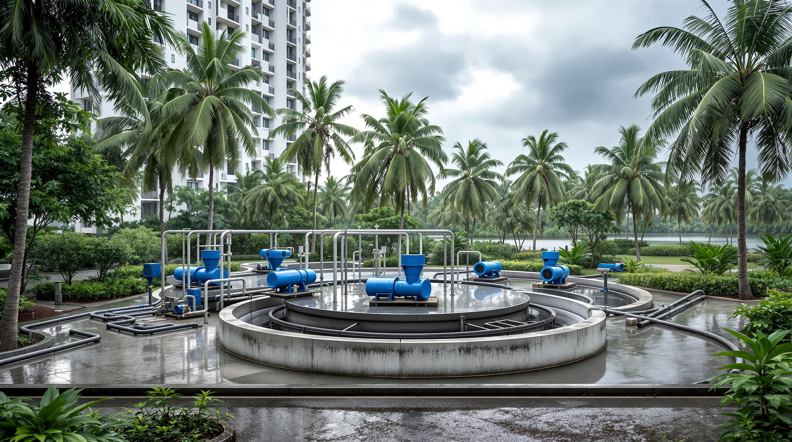 A compact sewage treatment plant with aeration tanks beside a mid-rise residential apartment complex in Kerala, surrounded by coconut palms