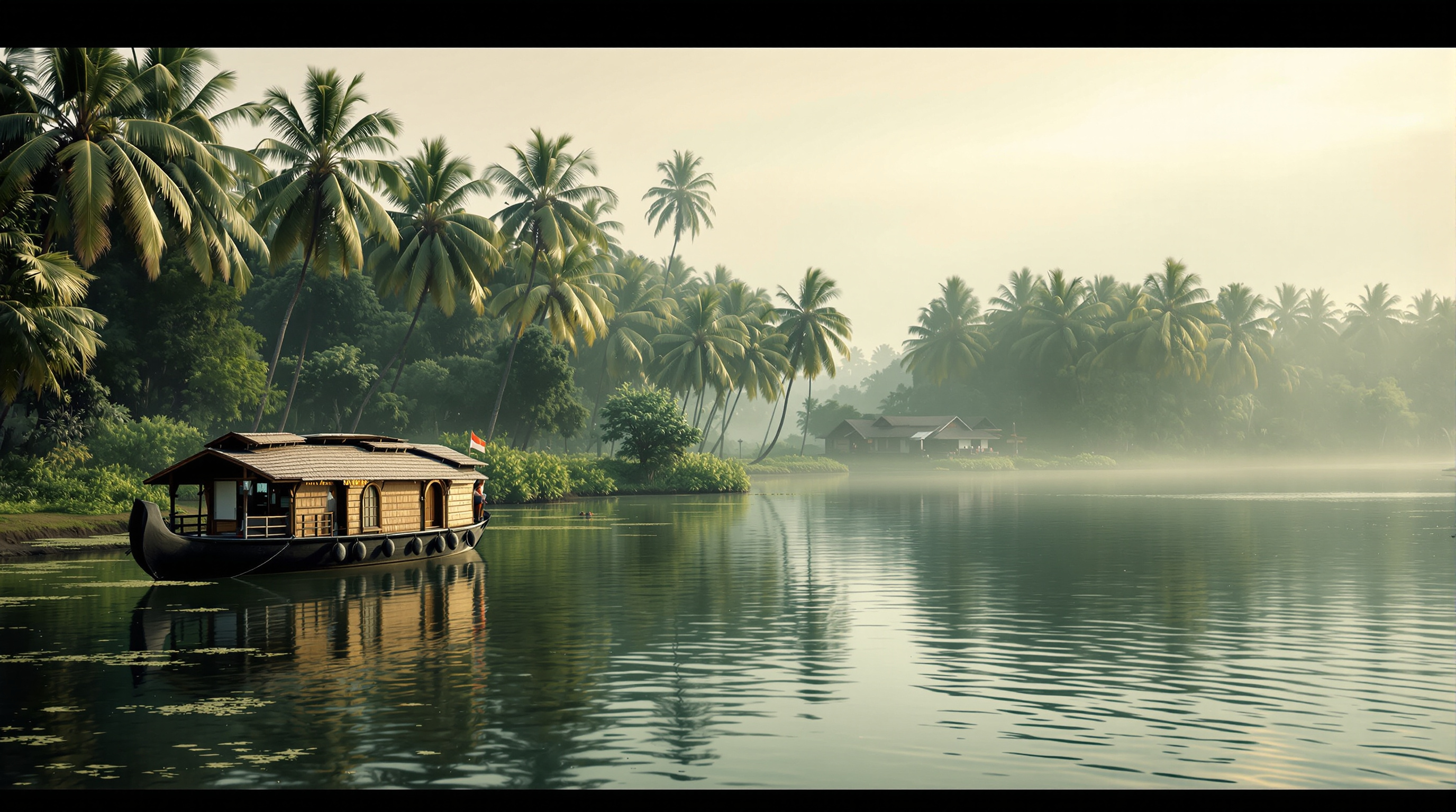 Kerala backwater waterway at Vembanad with a traditional houseboat, green fringing vegetation and hazy tropical light