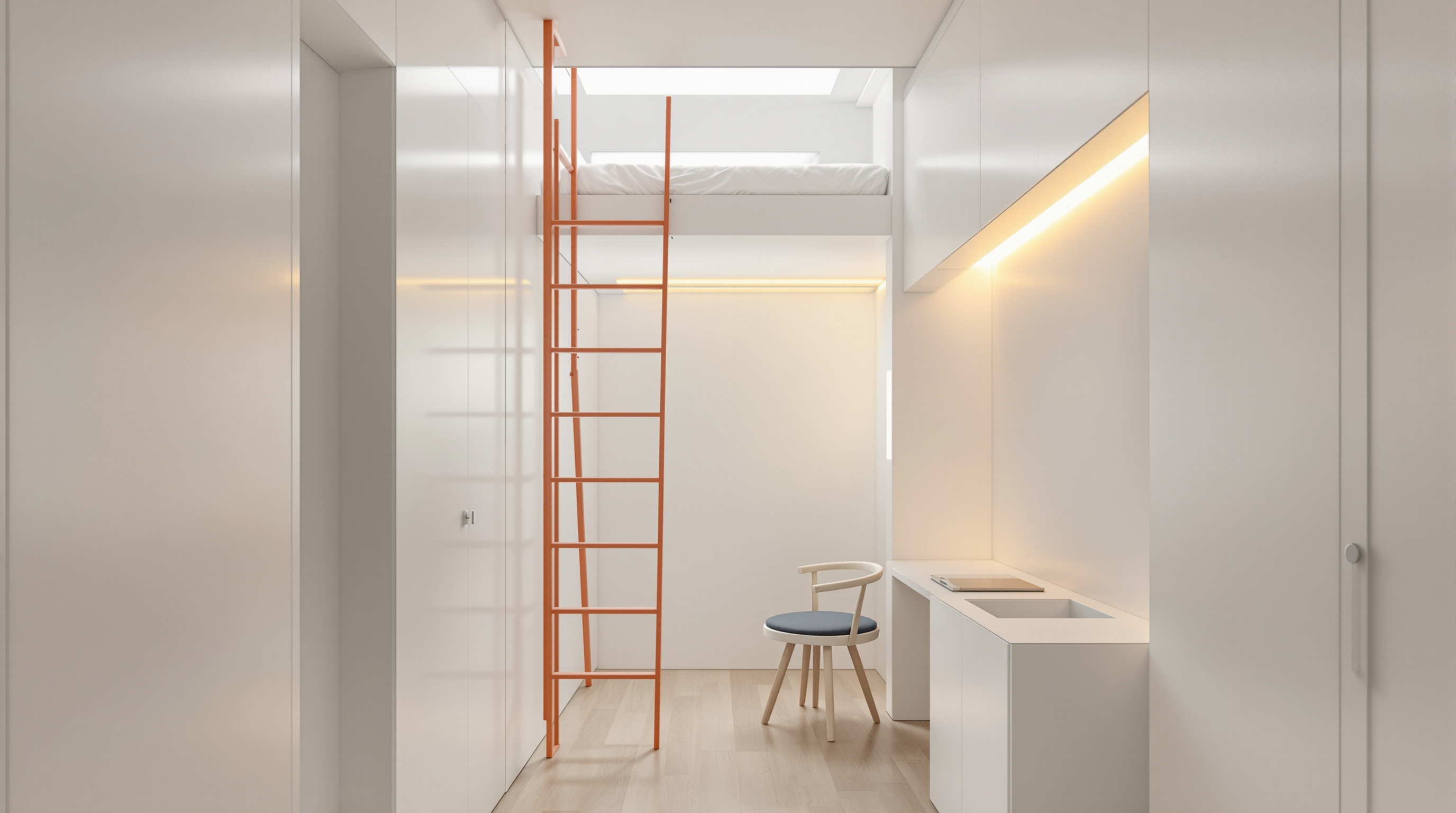 View up into the Keret House interior: a taut white slot of a room with a narrow ladder-stair rising to a sleeping platform, a small desk against a translucent glowing wall, everything painted white to reflect the scarce daylight, no more than an arm-span wide