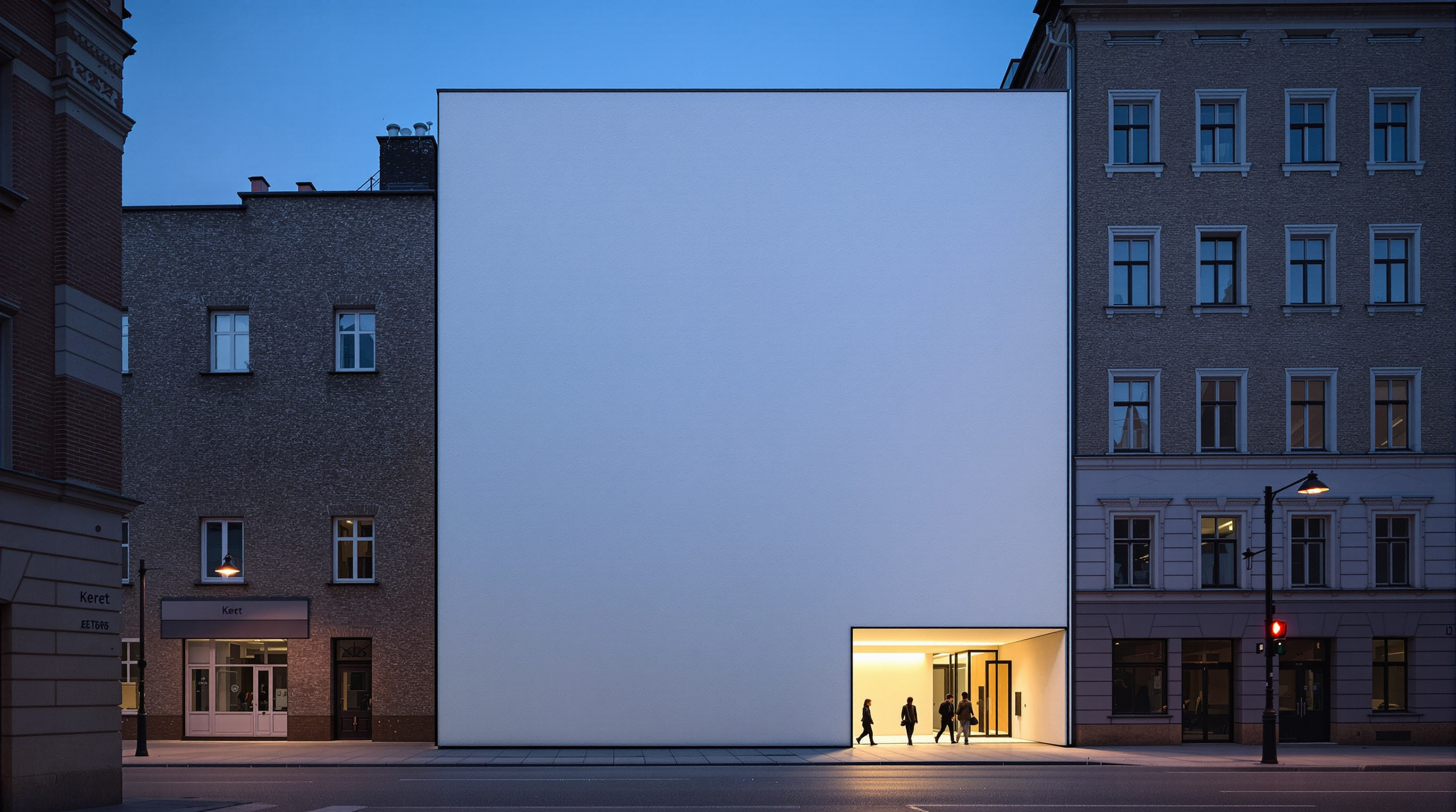 The narrow translucent facade of the Keret House at dusk, glowing from within between two darker masonry buildings on a Warsaw street, pedestrians passing below the covered entrance passage, the whole insertion reading as a slender lit sliver in the urban wall