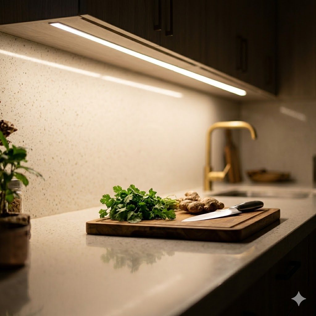 A macro of an under-cabinet warm-neutral LED strip throwing an even bright wash on a quartz counter — coriander, ginger and a sharp knife mid-frame, the strip mounted toward the front edge of the cabinet underside, no individual diodes visible