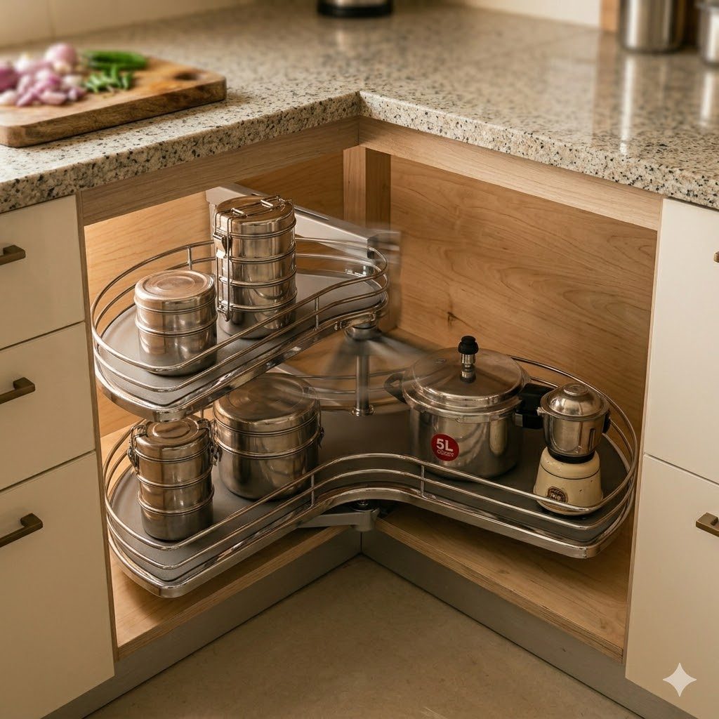 A Le-Mans corner pull-out swung out from an L-shaped Indian kitchen base cabinet — kidney-shaped chrome trays carrying steel tiffin boxes, a pressure cooker and a mixie jar, with the BWP-ply carcase interior visible