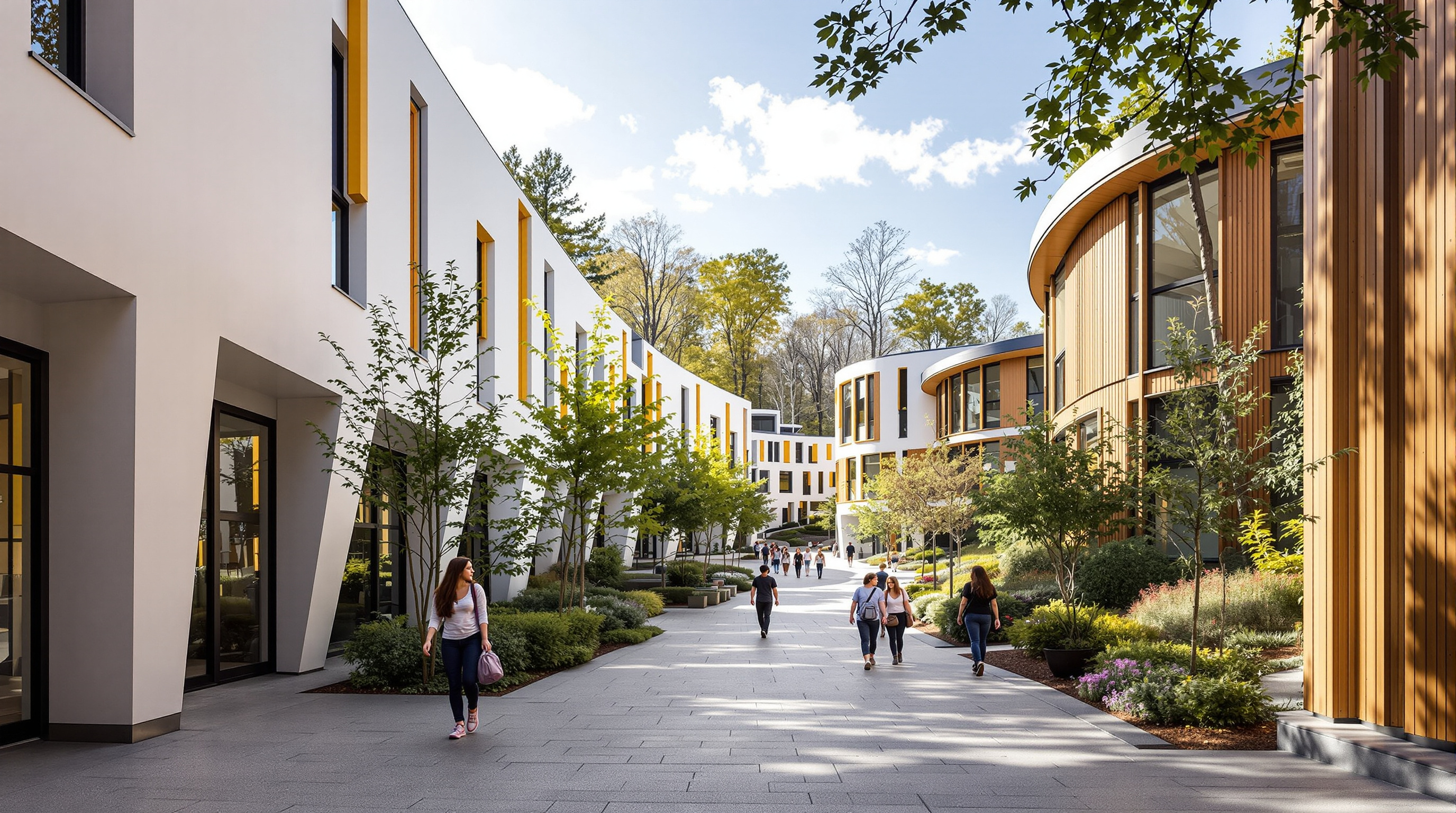The restored pedestrian street of Kresge College winding up the wooded hillside, Charles Moore's original white angular 1973 façades with their bright supergraphic accents on one side and a new curved timber building on the other, students walking the sunlit spine