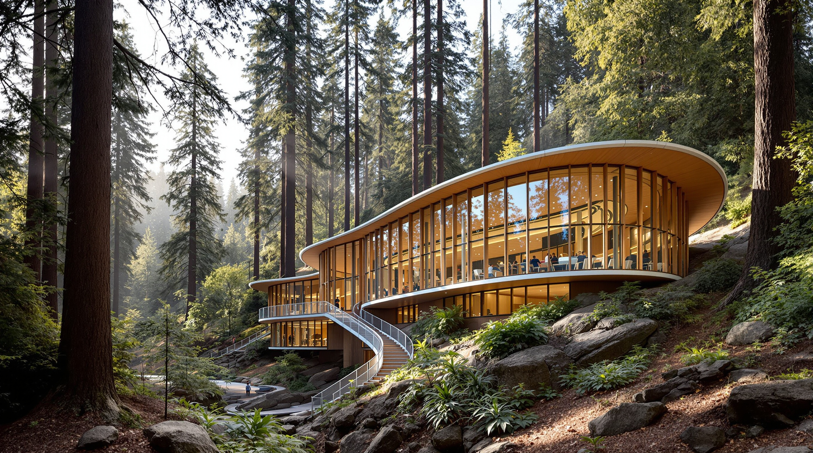 The curved timber-and-glass Kresge College Academic Center stepping down a forested ridge between two ravines, its flaring polypore-inspired form bringing daylight to lower floors, tall redwoods rising close around it under soft northern-California light