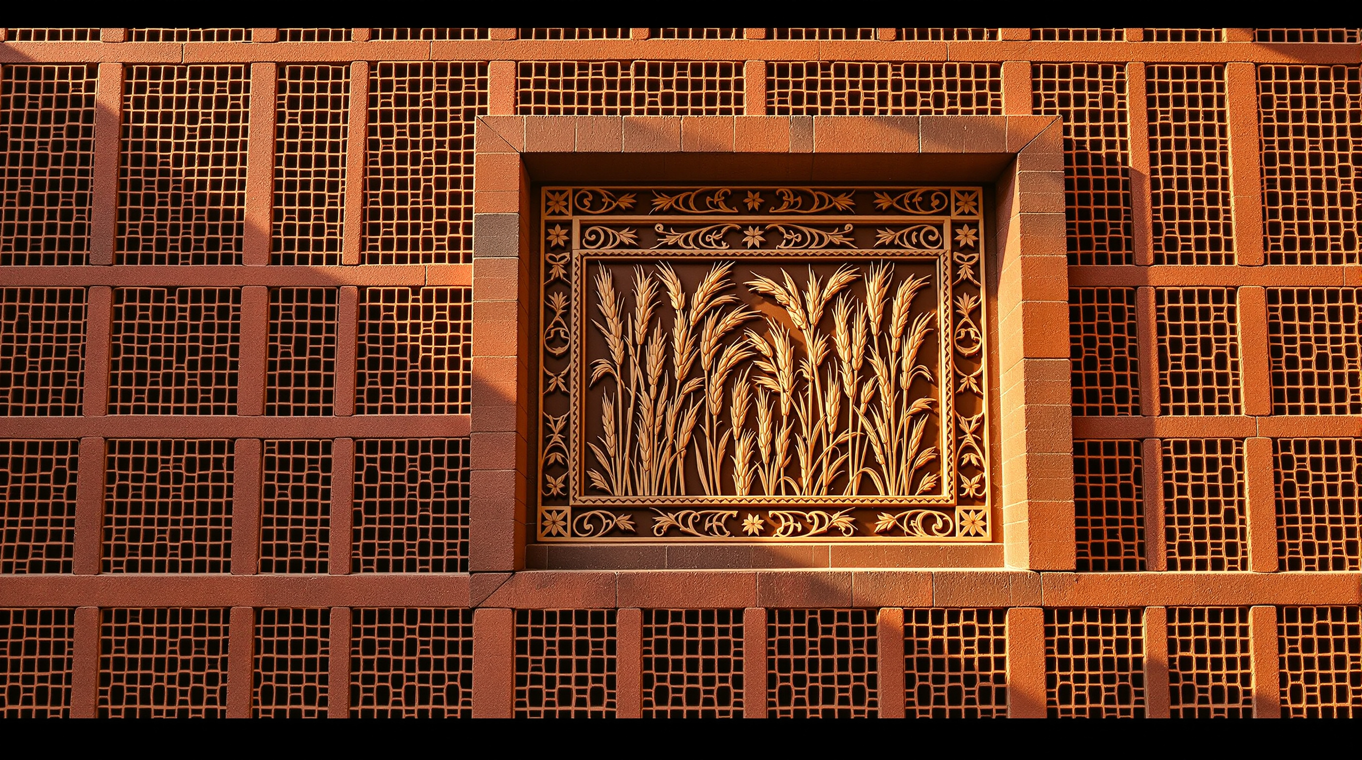 Detail of the Krushi Bhawan facade in raking sunlight: perforated red and ochre brickwork laid in a bold geometric Ikat weave pattern, deep shadows in the openings, a hand-carved laterite panel of paddy sheaves in Pattachitra style set into the wall at eye level