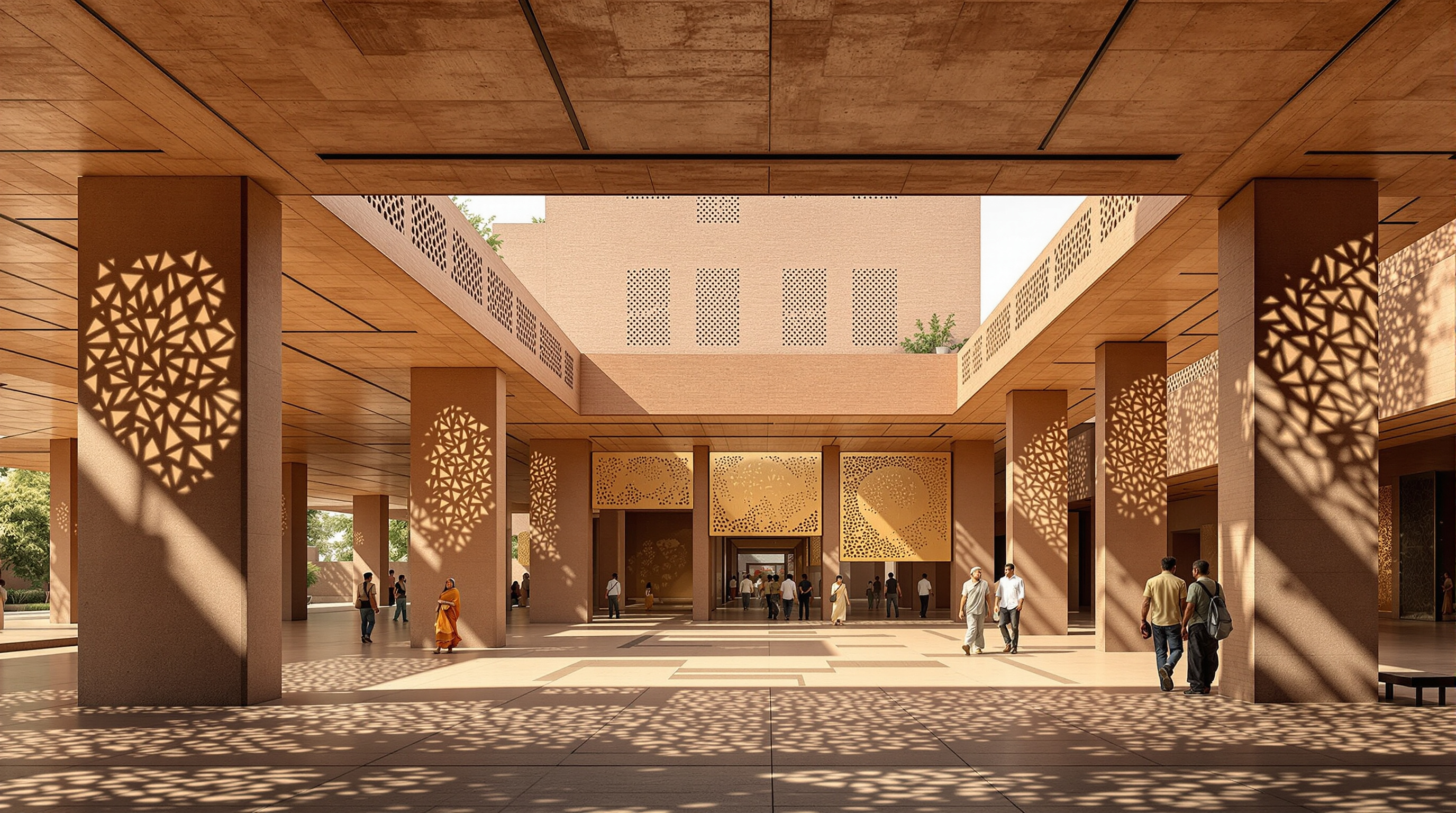 The stilted, shaded public ground level of Krushi Bhawan: an open plaza of laterite and stone columns with dhokra metal screens casting patterned shadows, a few visitors and farmers moving through, the perforated brick mass rising above, a rooftop demonstration garden just visible at the top