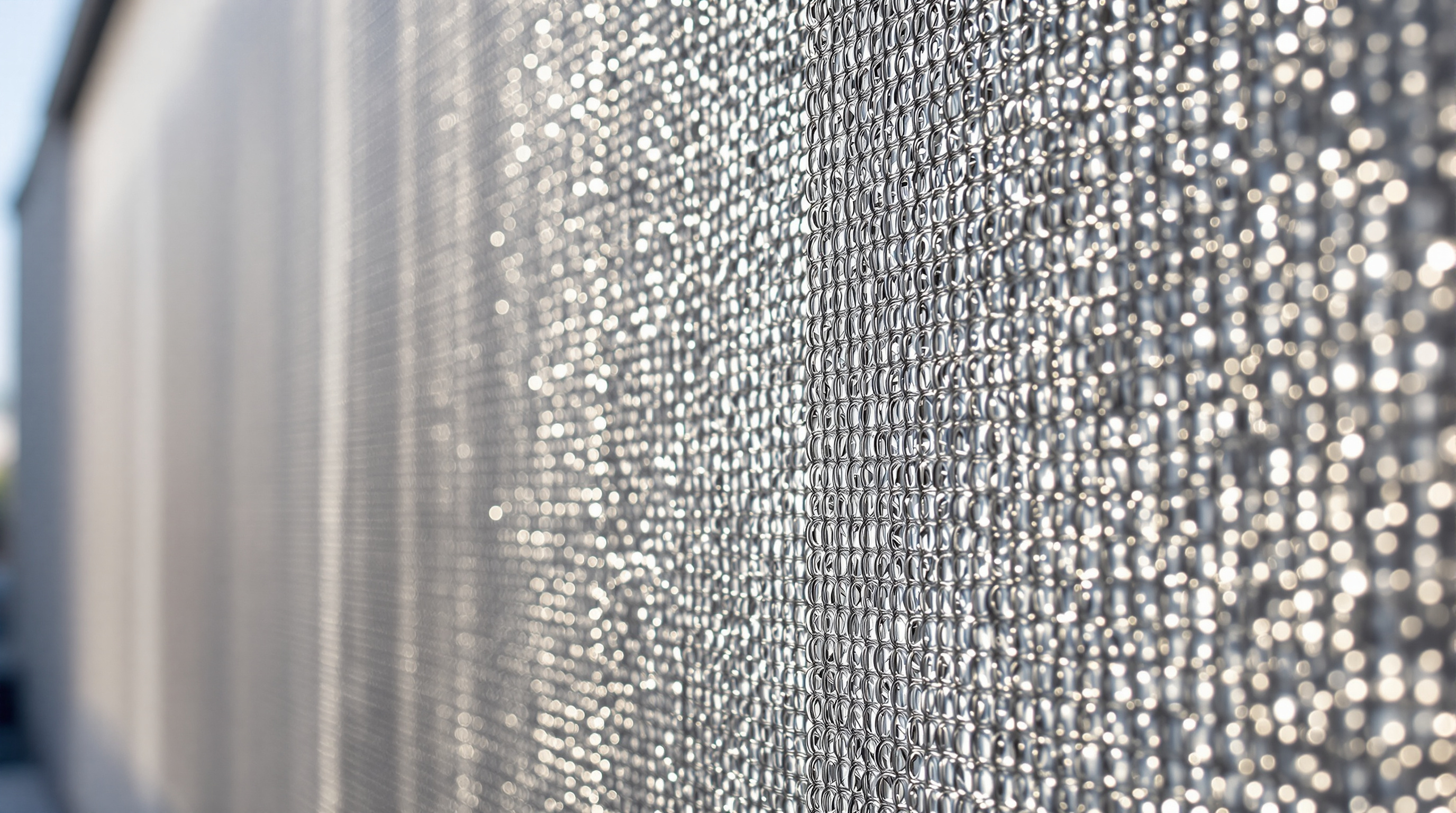 Close-up of the Kukje Gallery K3 facade showing the woven texture of thousands of small stainless-steel rings forming a flexible chainmail sheet, catching daylight with a soft metallic shimmer and casting a faint moiré of shadows onto the pale wall behind