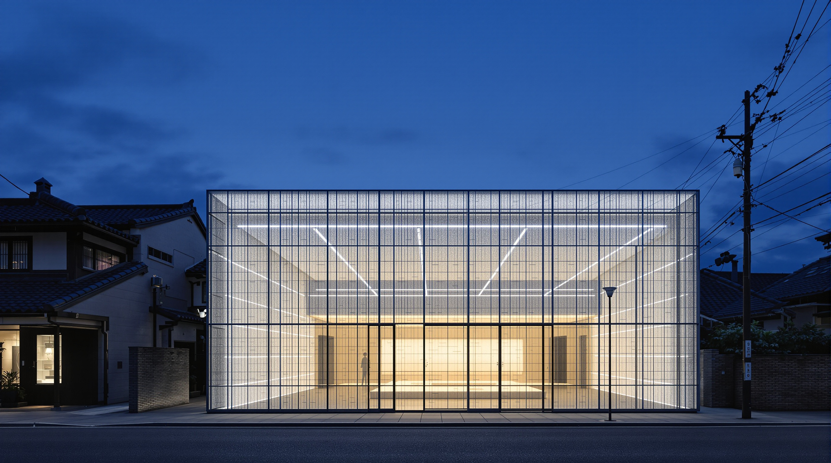 Dusk view of Kukje Gallery K3 in its Samcheong-dong setting, the chainmail veil glowing faintly translucent and silvery against the darkening sky, low tile-roofed hanok and narrow lanes visible around it, warm interior light bleeding softly through the metal mesh