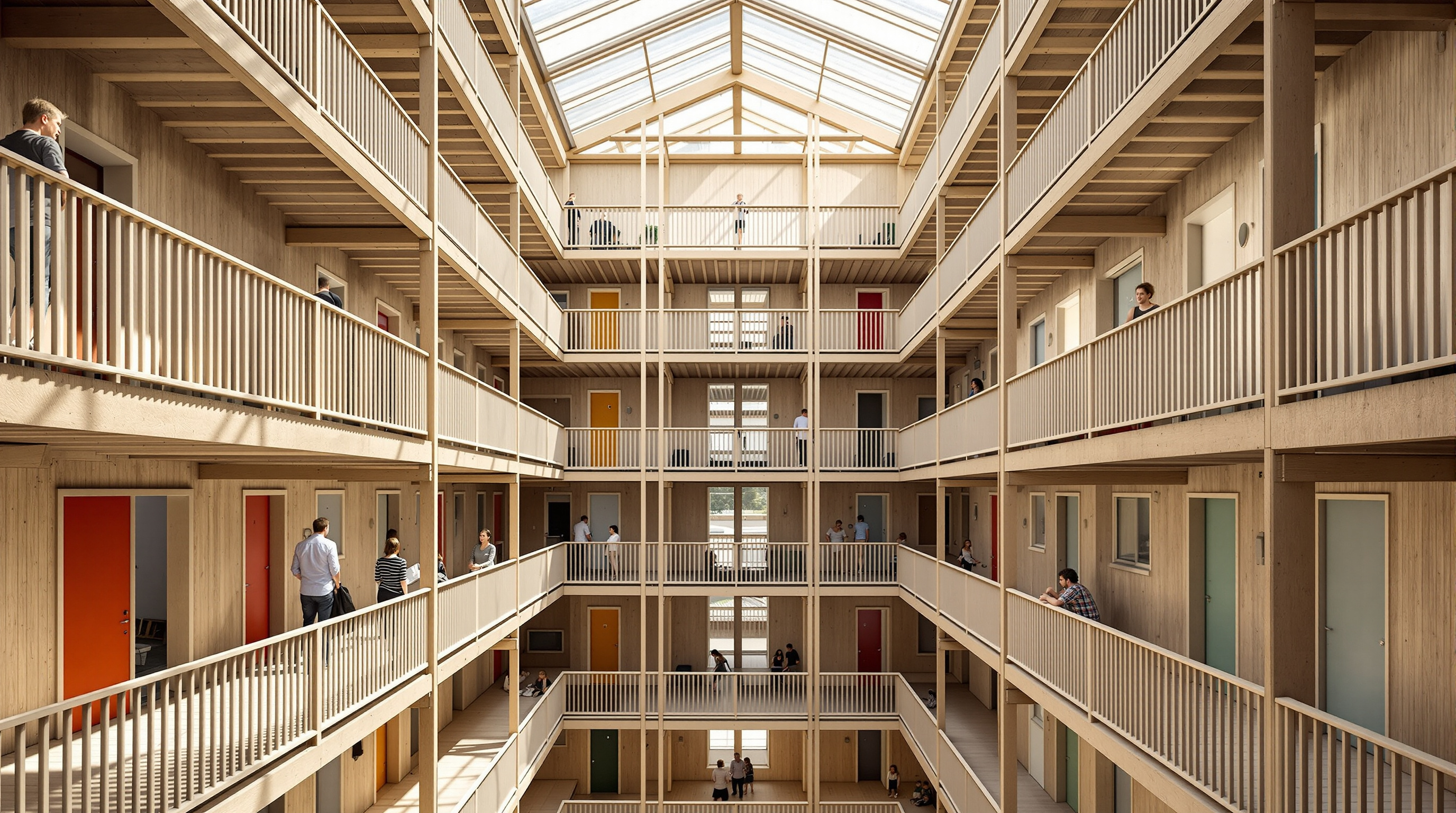 The central courtyard of La Borda seen from below: a tall, narrow lightwell rising through six timber storeys, walkway galleries and coloured front doors ringing each level, a translucent polycarbonate roof overhead flooding the shared space with soft daylight, residents talking on the galleries