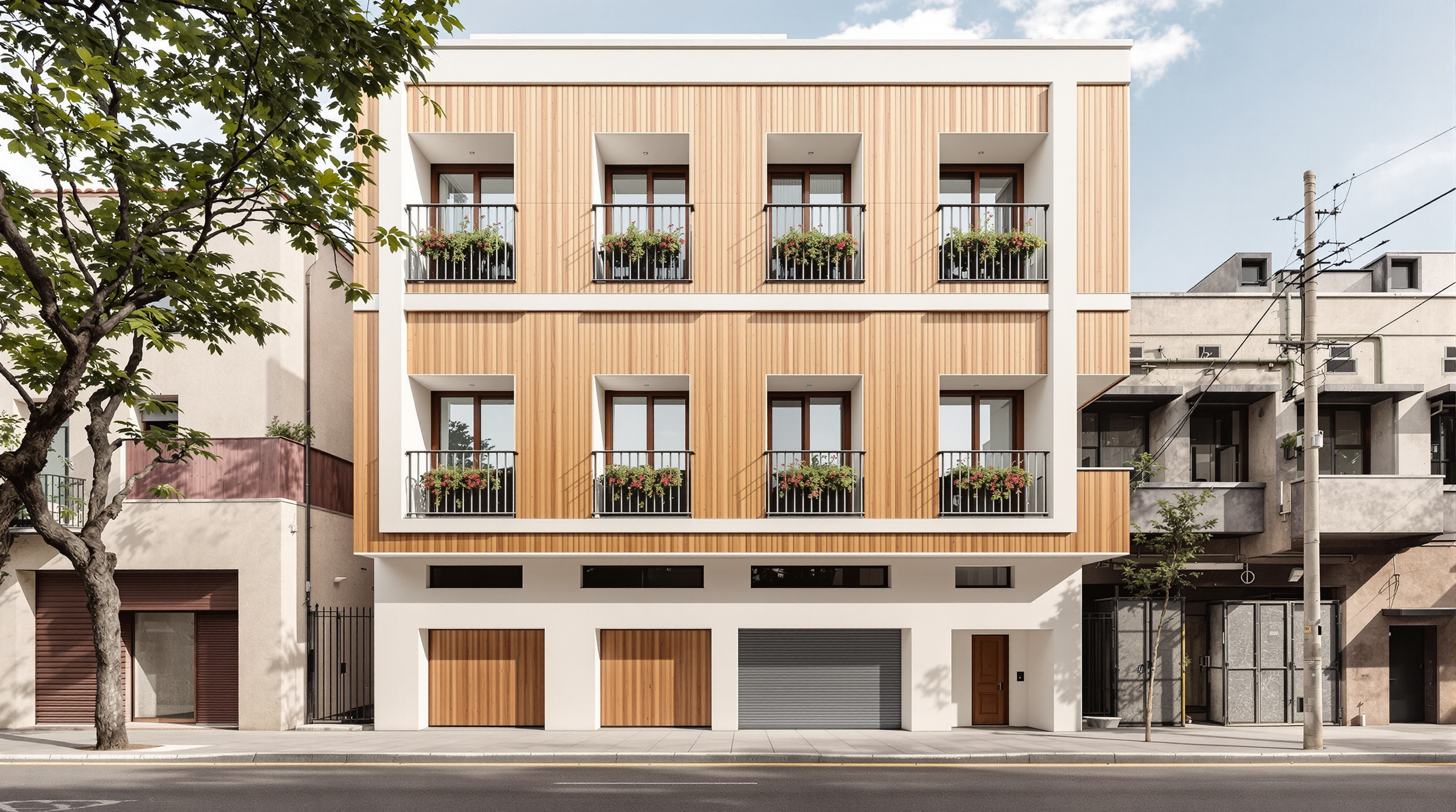 Street view of La Borda's principal facade: a restrained six-storey elevation in warm timber tones and pale render, deep recessed balconies with simple galvanised-steel railings and hanging plants, the building meeting the pavement of a modest Barcelona residential street with the industrial sheds of Can Batlló visible alongside
