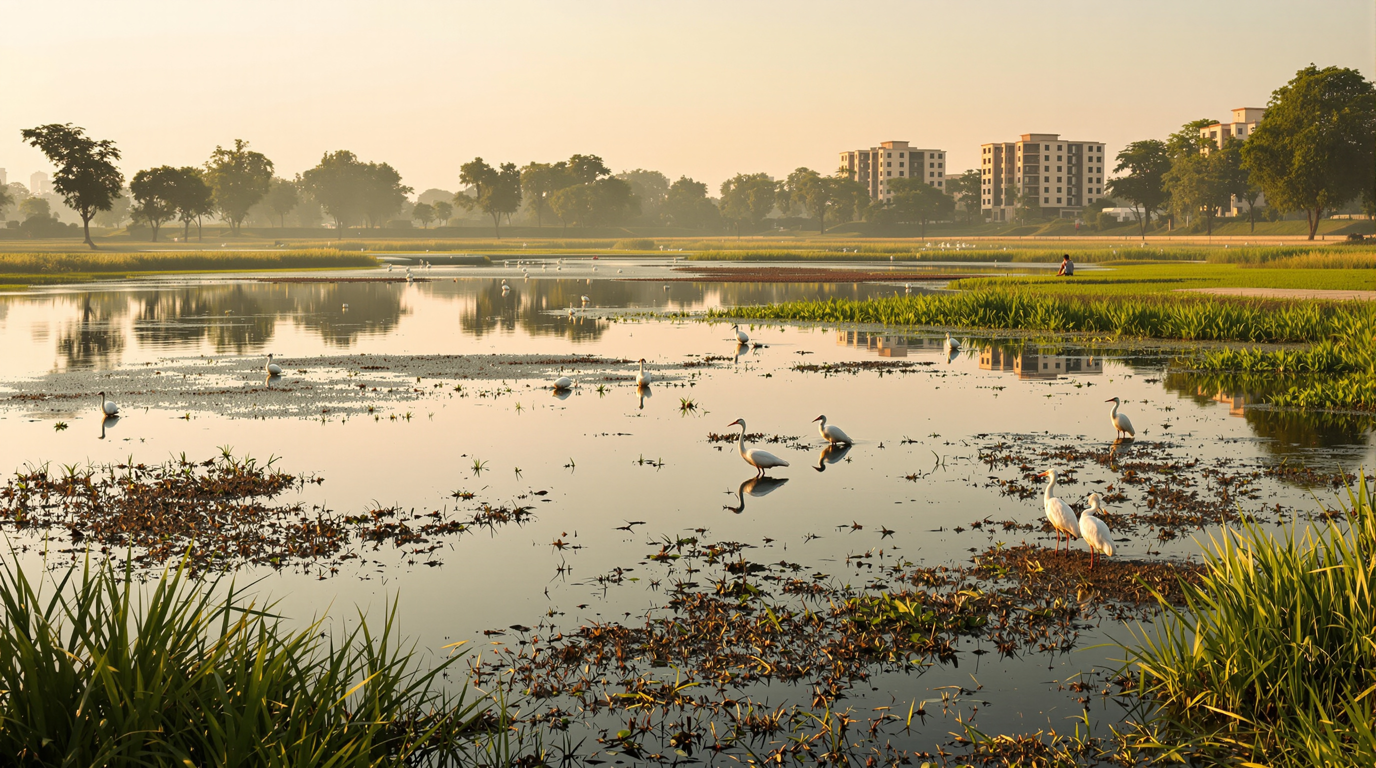 A large urban lake in India at golden hour with treated water flowing in through a channel, egrets wading in the shallows and a city skyline behind the far bank