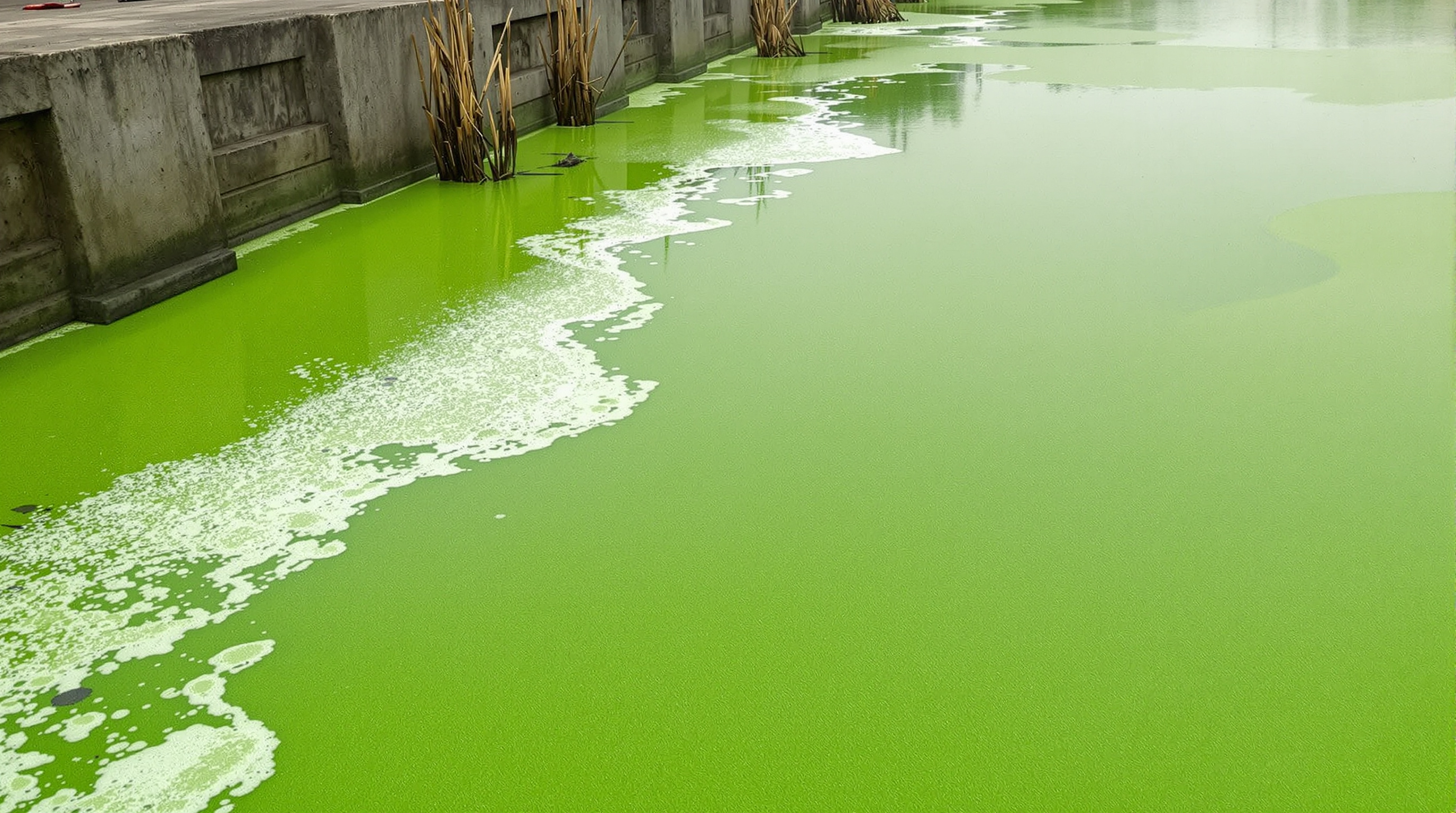 Close view of a stagnant Indian urban lake surface choked with bright green algae bloom and clumps of white froth near the bank