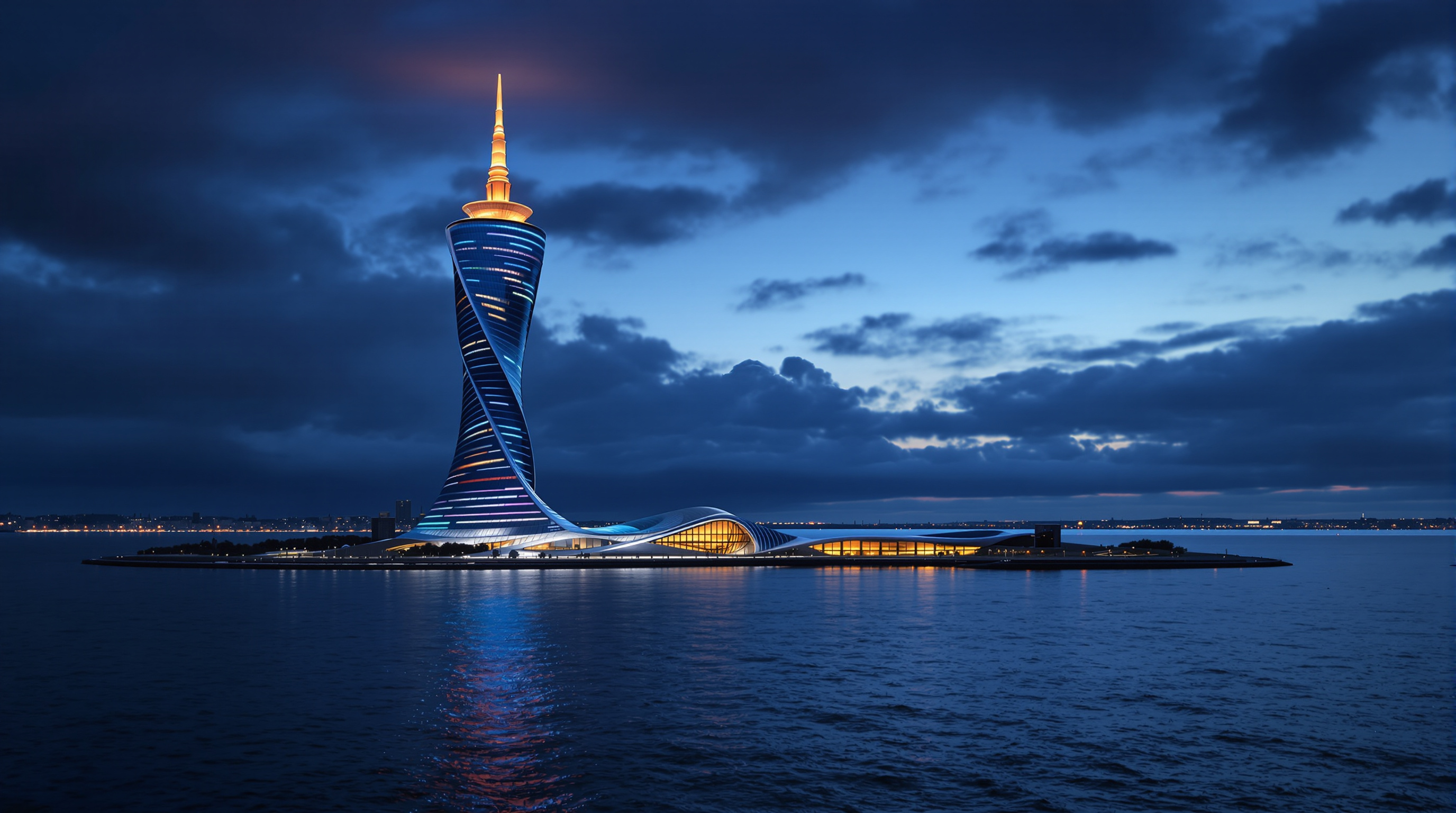 The Lakhta Center seen at night from across the Gulf of Finland, its full height lit in shifting colours, the spire glowing above the dark water and the low lights of St Petersburg strung along the far shore