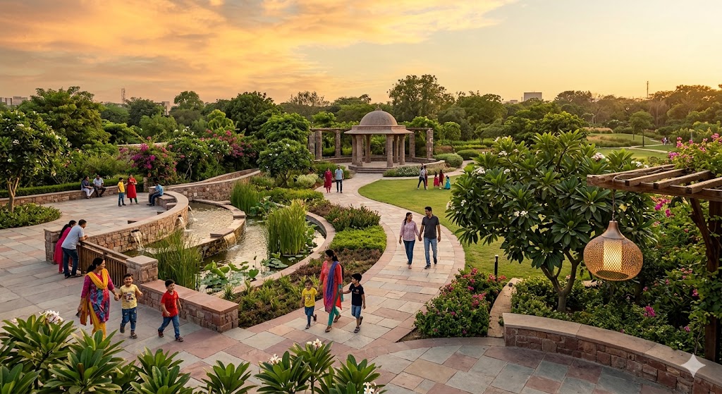 Wide-angle photograph of a completed landscape architecture project in Delhi at golden hour — the photograph captures the Garden of Five Senses or similar Indian LA project showing a contemporary Indian landscape design with stone paving and native plant beds and water feature and seating areas, families and couples strolling through the landscape in golden afternoon light, the architectural integration of hardscape with softscape clearly visible, a designer pendant light glowing near a stone bench, indigenous Indian plants species visible champa harsingar kachnar, the landscape captured as a working public realm with people actively using it, magazine-quality architectural photography