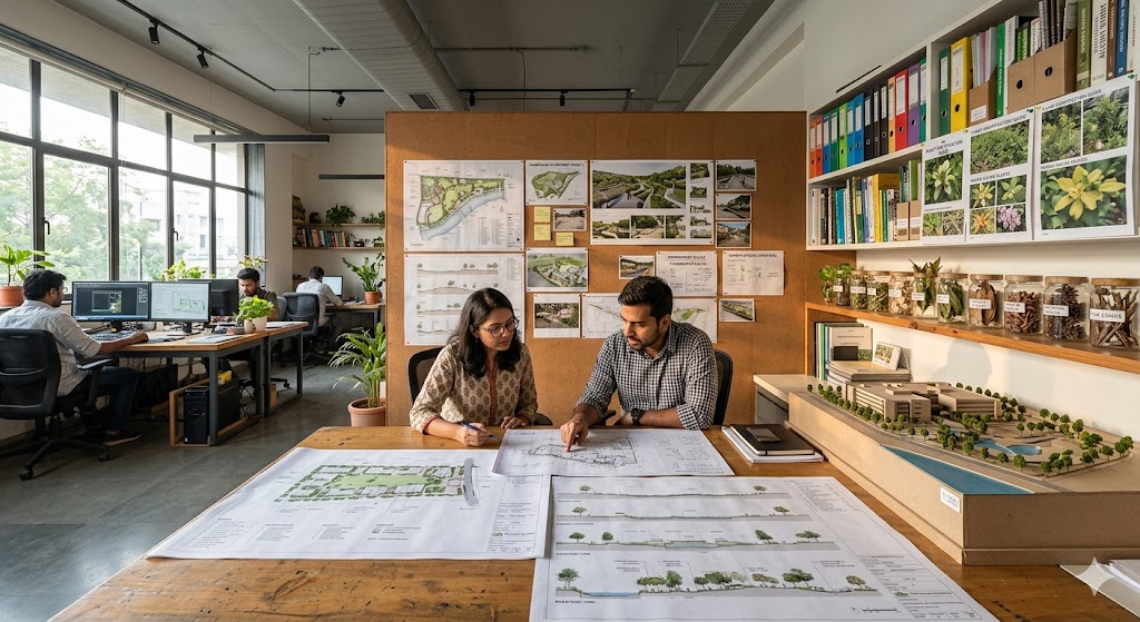 Wide-angle photograph of an Indian landscape architecture studio interior in Ahmedabad showing a working LA practice environment, a long wooden meeting table covered with planting plans and section drawings, a wall library with binders of plant material samples and reference photographs, plant material samples cuttings leaves pinecones arranged in jars on a shelf, two LAs in their thirties seated at the table reviewing a stormwater management drawing together, large-format printed landscape plans and concept renderings pinned to a corkboard wall, a small physical 1:200 site model of a corporate campus visible on a separate plinth, late afternoon natural daylight from large studio windows, professional LA practice workspace