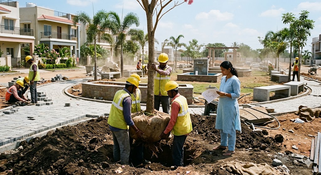 Medium wide photograph of a landscape installation in progress at an Indian residential community, three labourers in safety vests carefully lowering a 3-metre tall Tabebuia rosea Pink Trumpet tree into a pre-dug planting pit, a fourth labourer holding the tree trunk steady while the landscape architect in casual kurta with clipboard checks the orientation against the planting plan in her hand, the surrounding context shows a half-completed residential community landscape with pavers being laid, a small community park being constructed in the background with raised planters and benches taking shape, mid-morning natural sun, dust in the air from active construction, lively landscape installation atmosphere