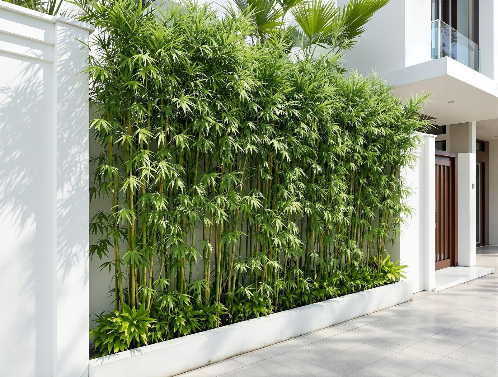 A green bamboo screen providing privacy along a contemporary Indian home boundary