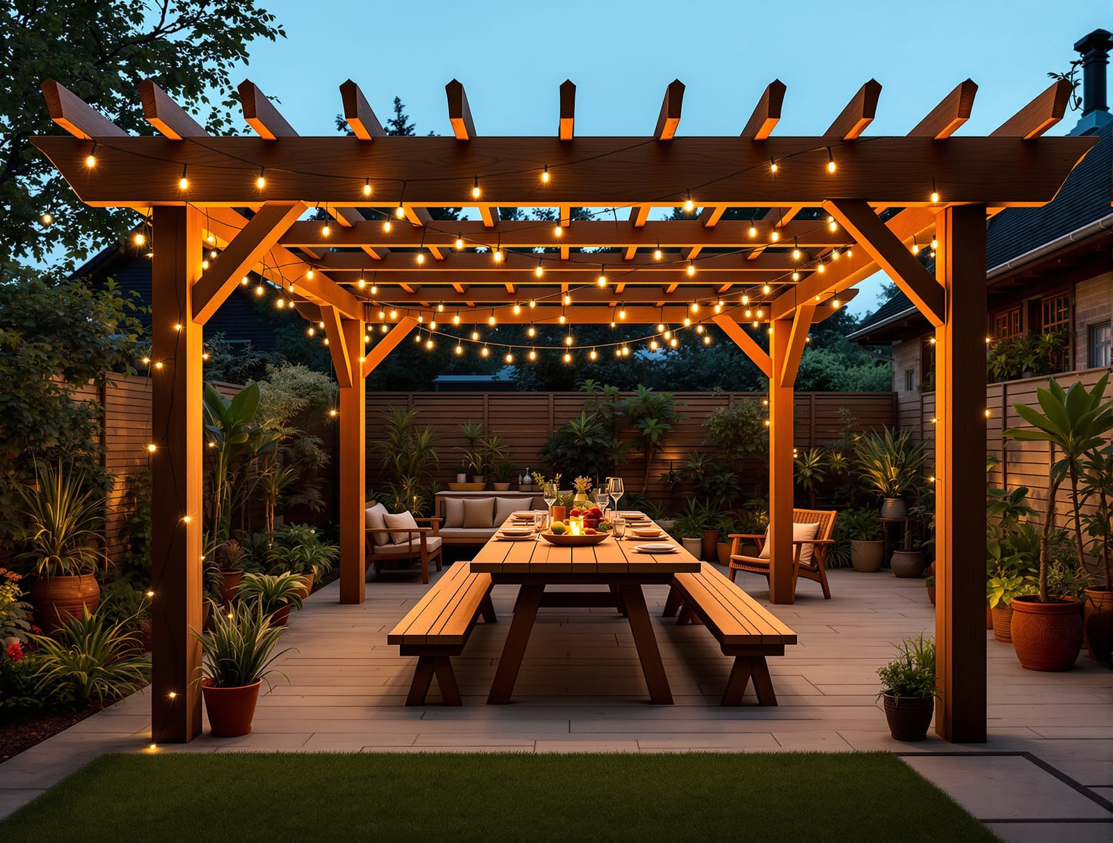 An outdoor family dining and gathering zone under a pergola with string lights in an Indian home garden