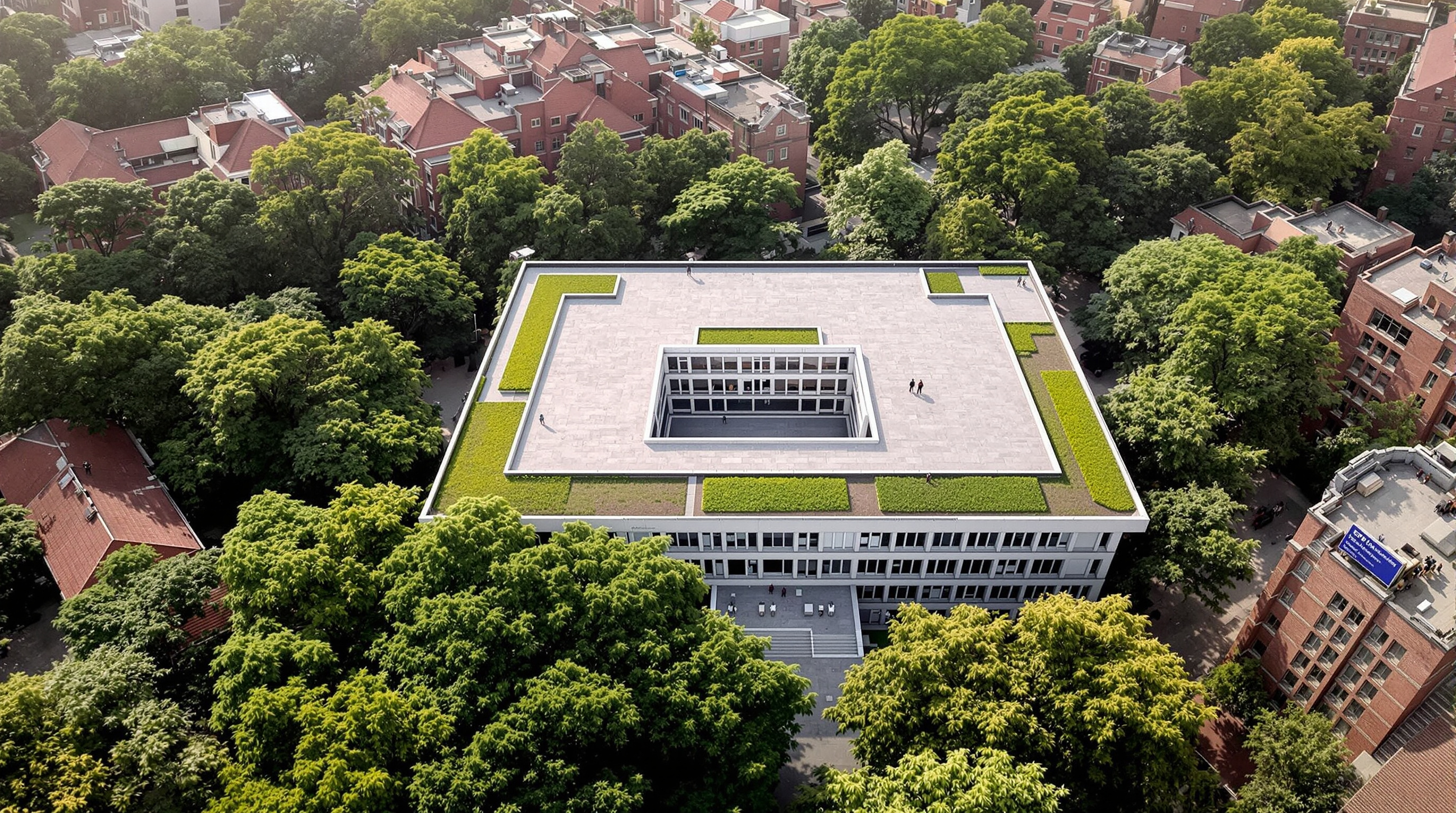 Aerial view of the Lilavati Lalbhai Library seen from above within the CEPT campus, its flat green-and-grey roof and rectangular sunken courtyard sitting flush among the surrounding red-brick academic buildings and mature trees, showing how the building keeps to the height of its neighbours