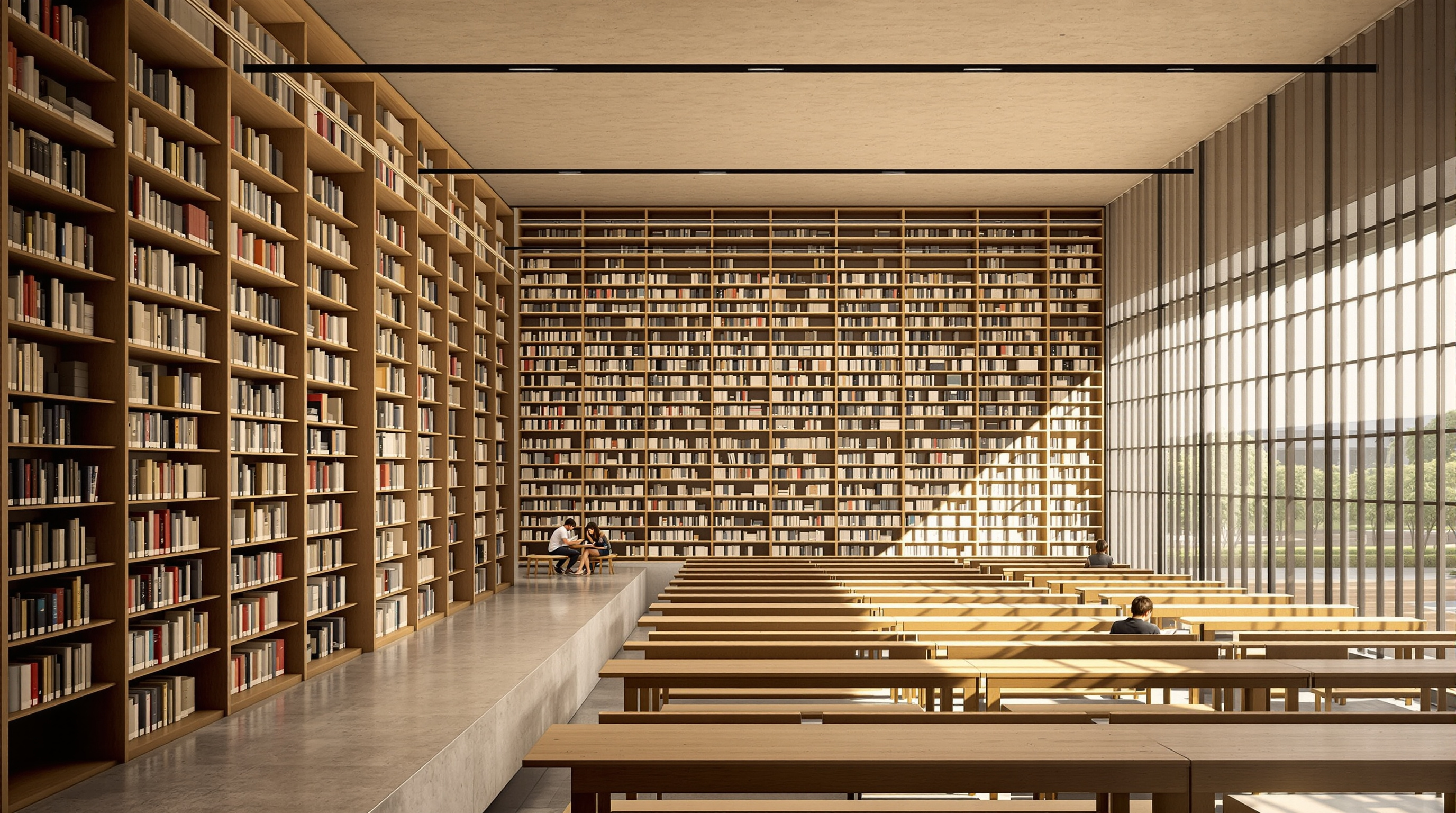 Interior of a below-grade reading level in the library, tall book stacks and long timber study carrels lit softly by daylight spilling in from the adjacent sunken courtyard through a glazed wall striped with the shadows of the external plywood louvres