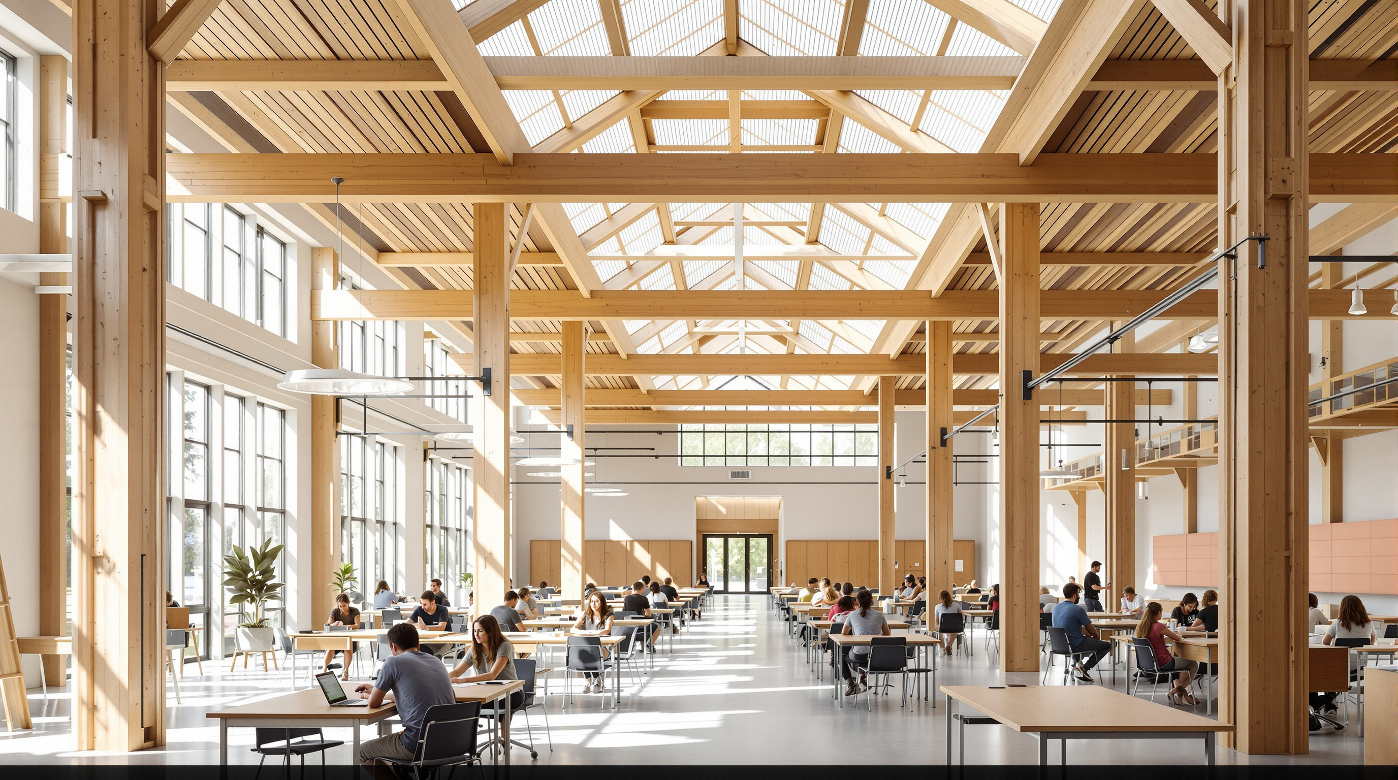 Interior of Limberlost Place: a bright, double-height studio space with exposed glue-laminated timber columns and cross-laminated timber ceiling panels overhead, students at desks, floor-to-ceiling glazing flooding the room with daylight