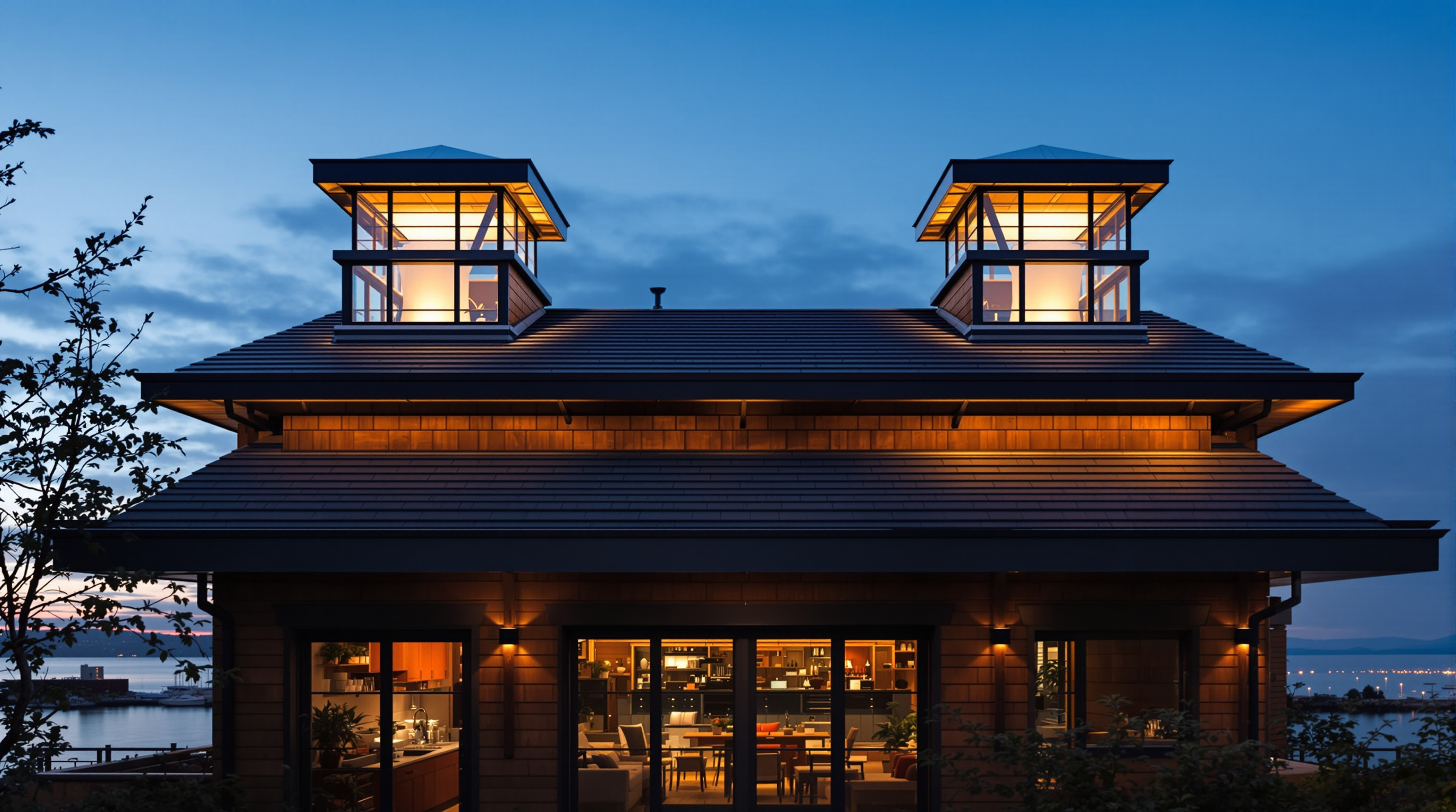 Exterior detail of Limberlost Place at dusk: the two glazed solar-chimney shafts glowing at the roofline above a warm timber-and-glass facade, Lake Ontario and the Toronto waterfront visible beyond