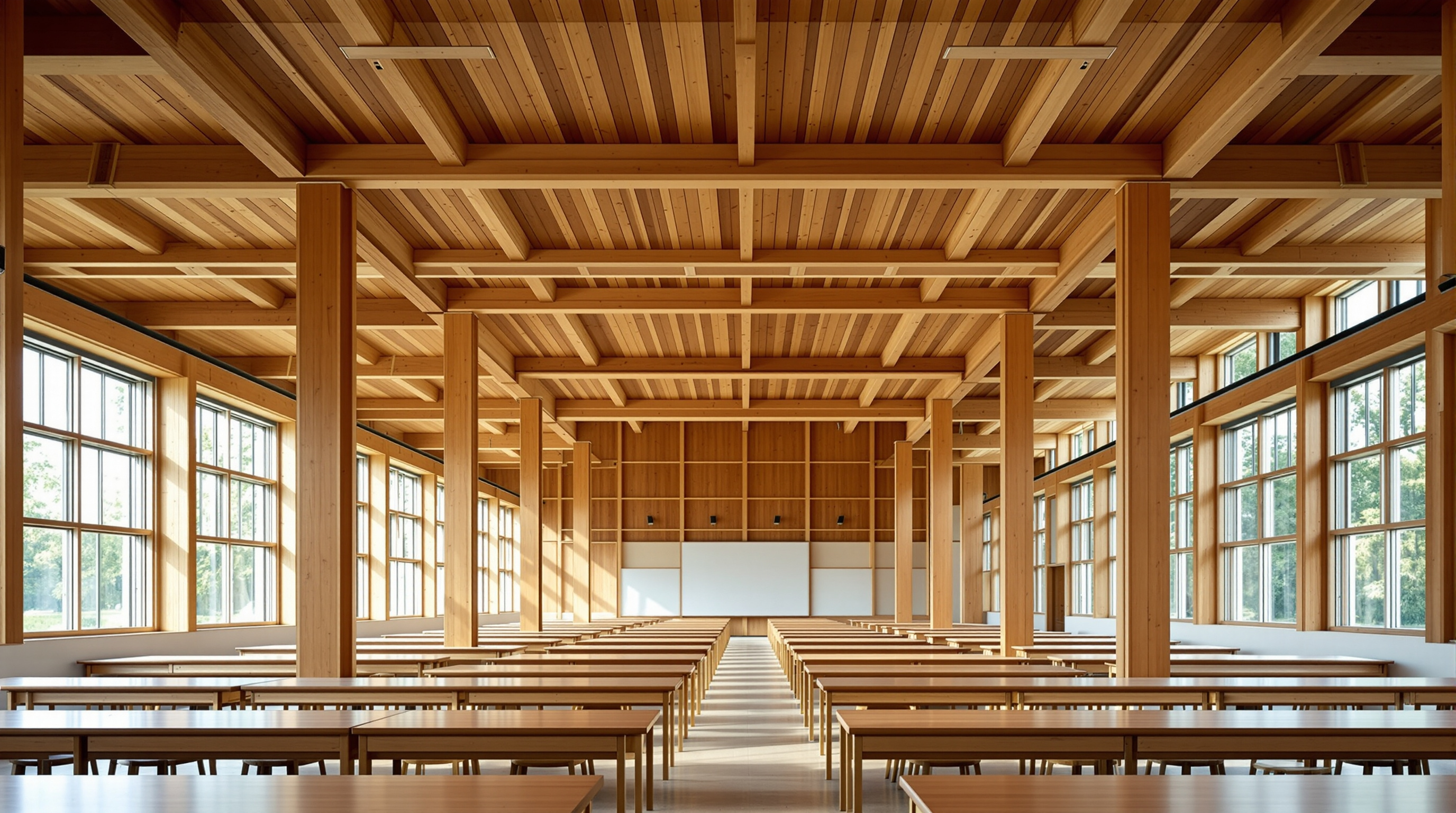 Interior of a Limberlost Place classroom floor: exposed glulam columns and warm cross-laminated timber ceilings run in a clean grid, tall operable windows admit daylight, and students work at long tables beneath the unobstructed nine-metre timber span