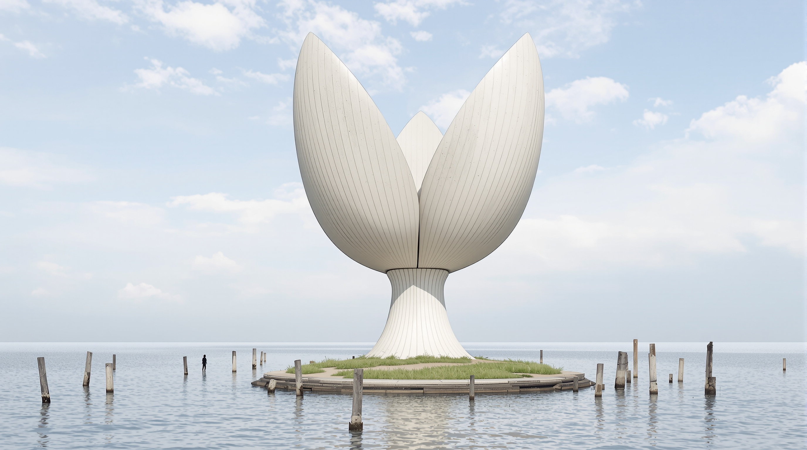 Looking up at a single concrete tulip of Little Island from the water's edge: a pale, ribbed column flaring open into overlapping curved petals that cradle a bed of soil and grasses, old wooden pilings poking from the Hudson around its base